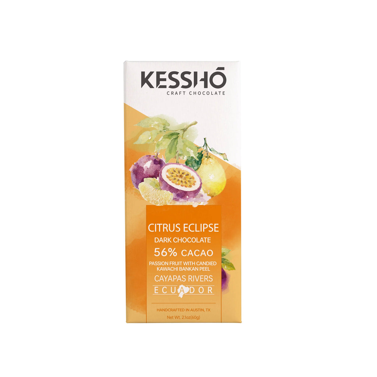 Kessho Citrus Eclipse Dark Chocolate 56% Cacao box, featuring illustrations of citrus fruits and passion fruit on an orange and white background.