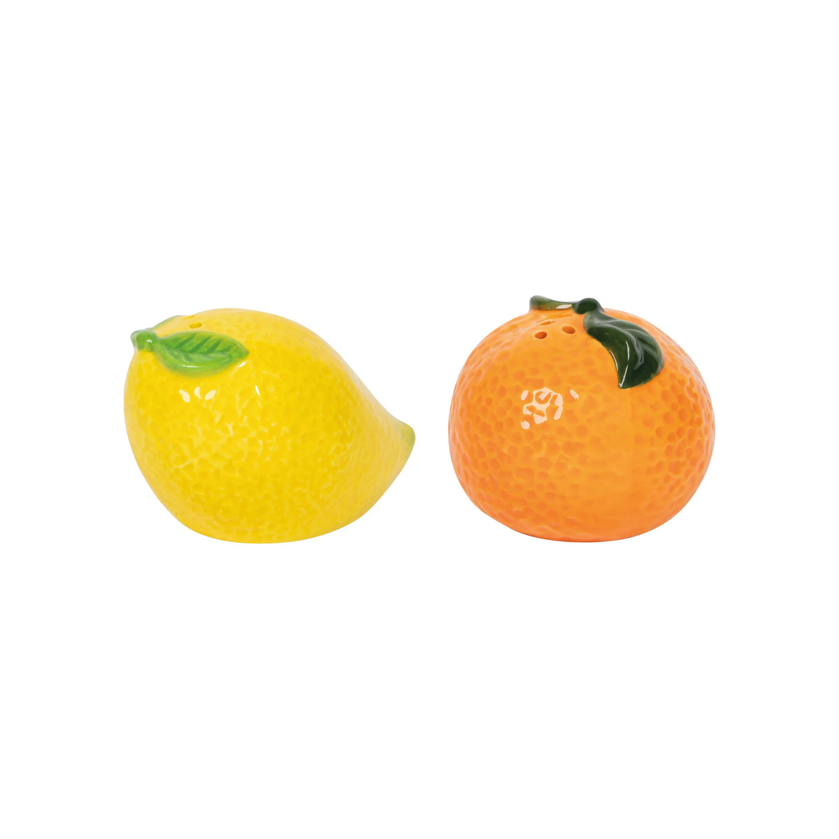 Two small ceramic fruit-shaped salt and pepper shakers, one yellow lemon with a green leaf and one orange with a green stem, on a plain white background.