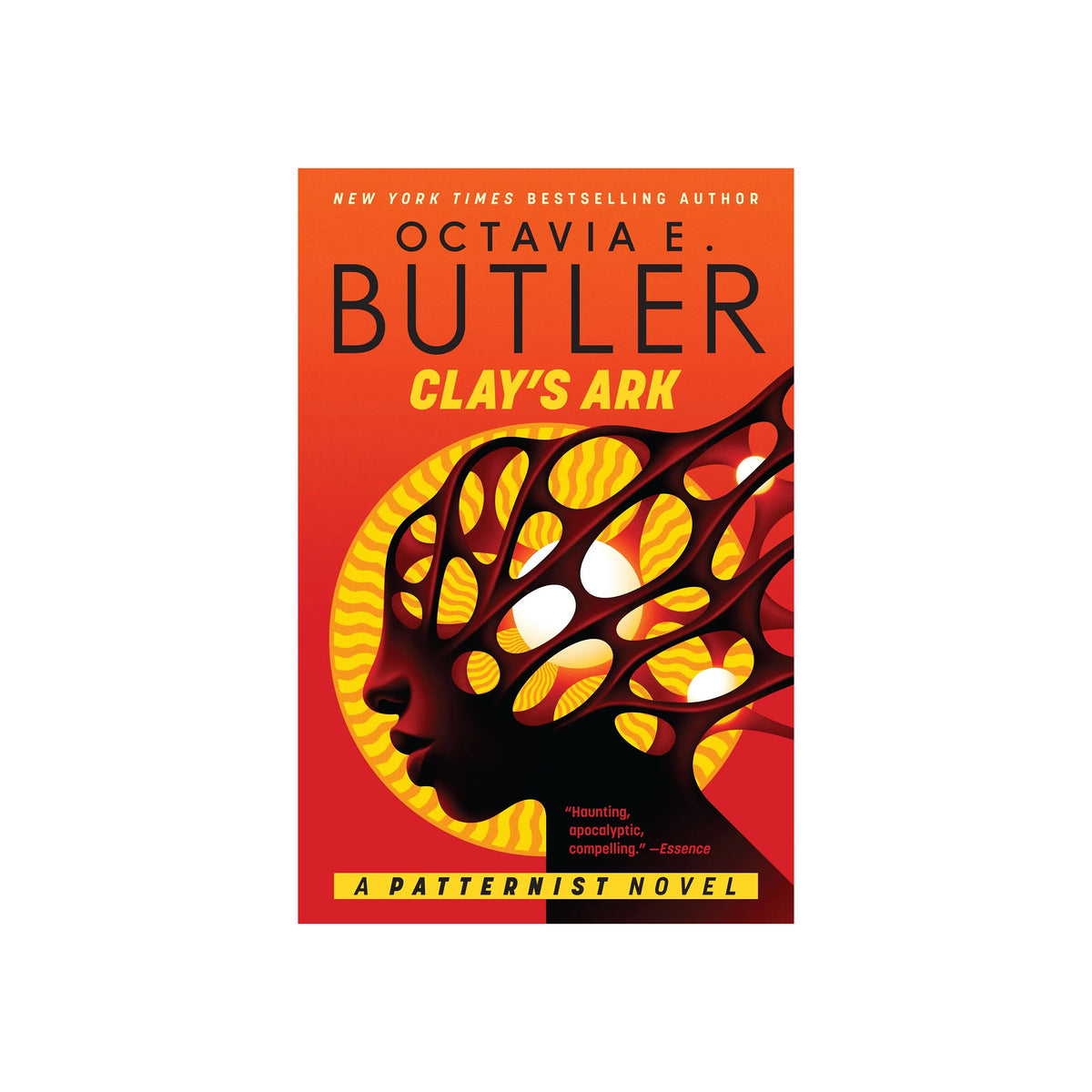 Book cover of 'Clay's Ark' by Octavia E. Butler with a stylized face design on an orange background.