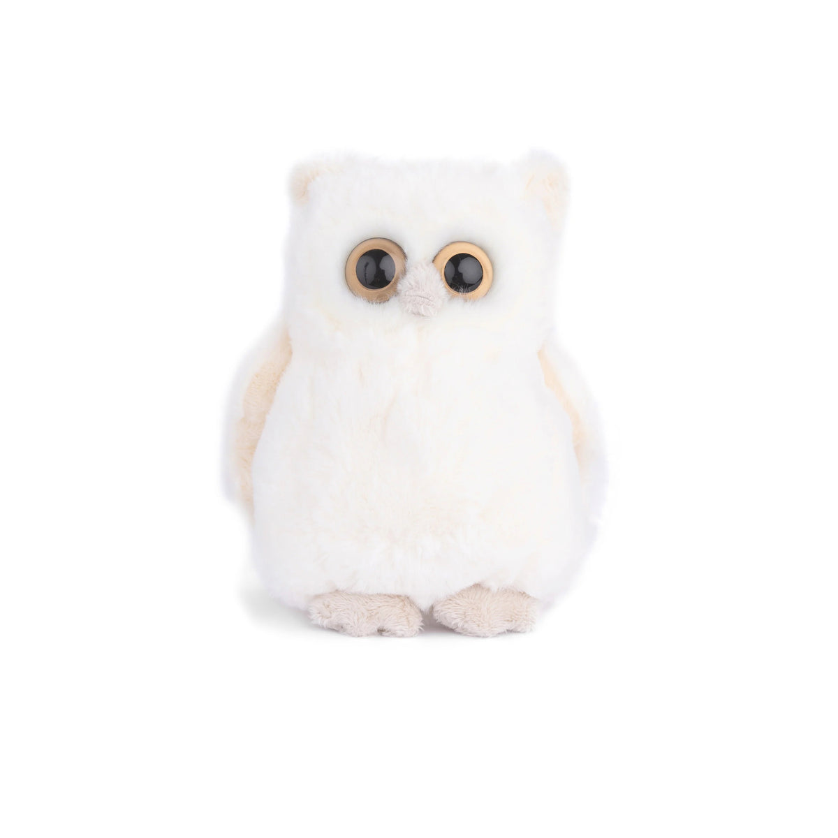 A fluffy white owl plush toy with large brown eyes and pale pink feet, centered on a plain white background.