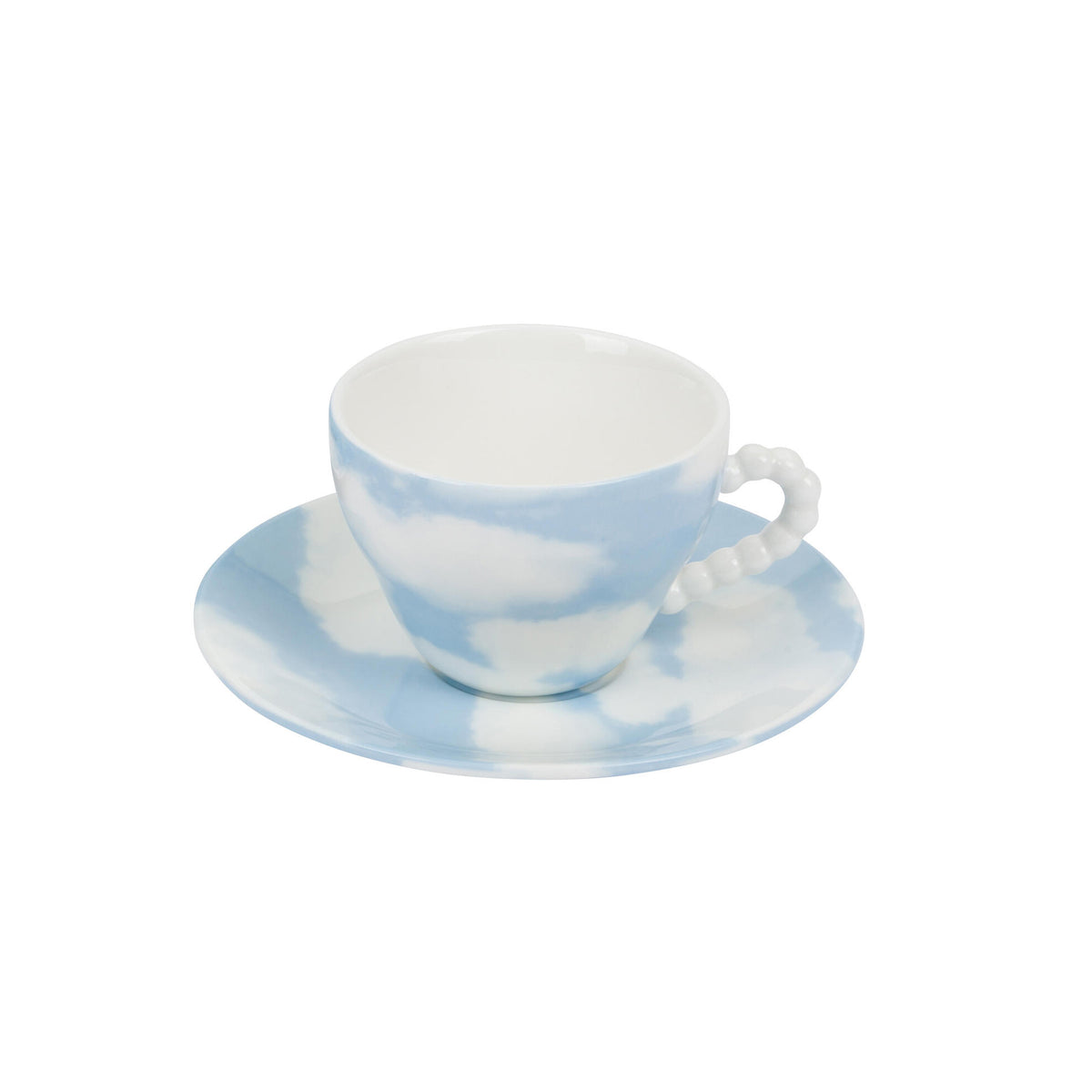 A white ceramic teacup and saucer set with a sky-blue cloud pattern, featuring a textured beaded handle on the cup.