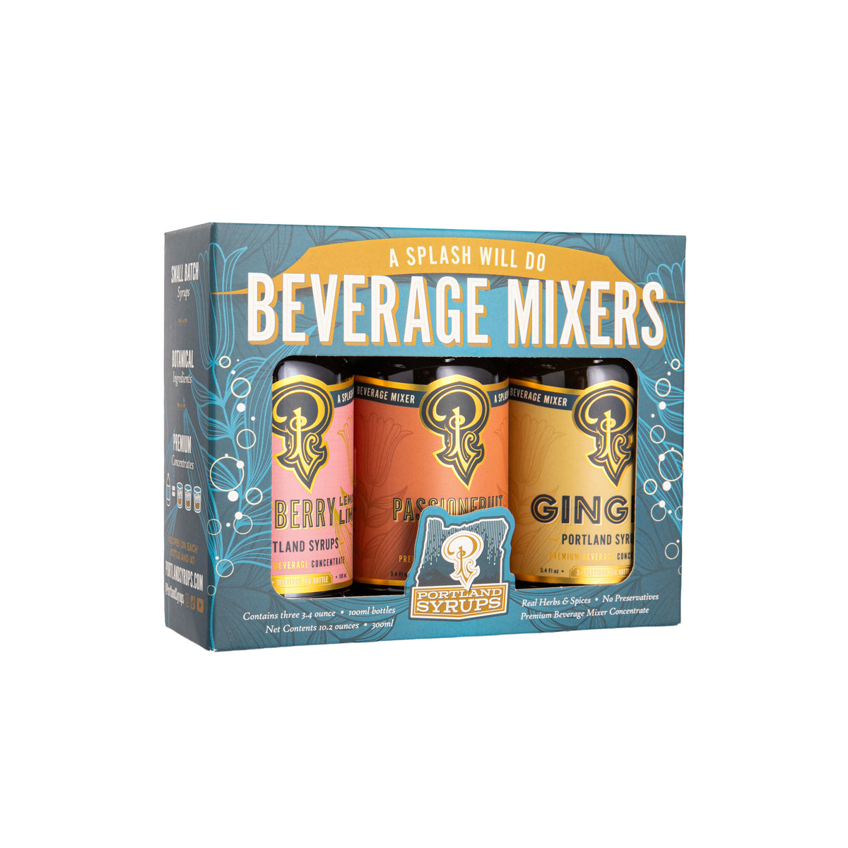Packaging of Portland Syrups beverage mixers with three bottles inside on a white background