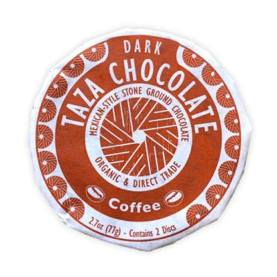 Stone ground, organic Mexican-style dark chocolate discs bursting with fresh roasted coffee beans ground right in. These rustic, minimally processed discs let you experience chocolate with true grit! It is also dairy free, soy free, and vegan. 2.7 oz.