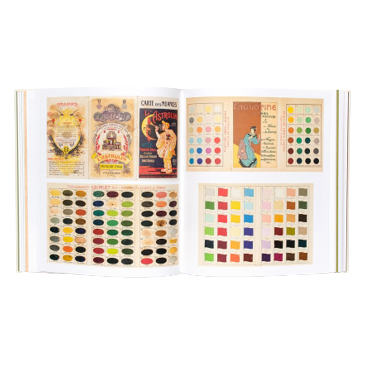 An open book displaying vintage color palettes, nail color charts, and illustrated posters on both pages against a white background.