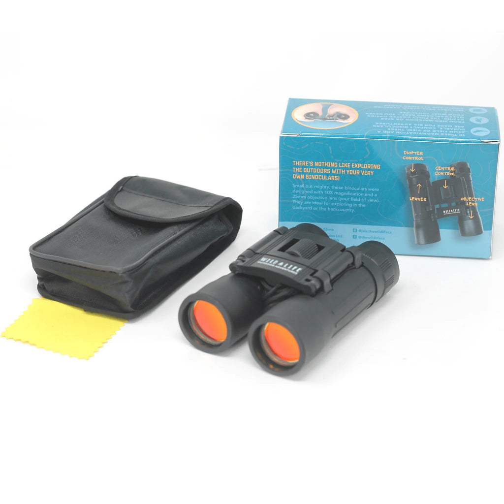  These binoculars are small but mighty, designed to help us see things that our bare eyes cannot. Perfect for a day pack - light and easy-to use. With a 10x magnification, a 25mm objective lens, fully coated optics to maximize light transmission. Dimensions when folded in pouch: 2.5" x 4.5"
