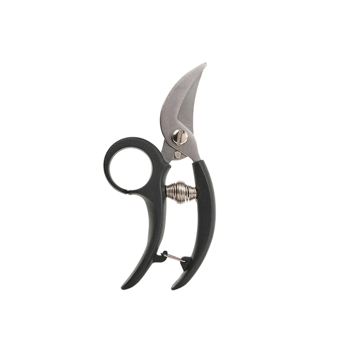 A pair of pruning shears with black ergonomic handles and silver metal blades, shown on a plain white background.