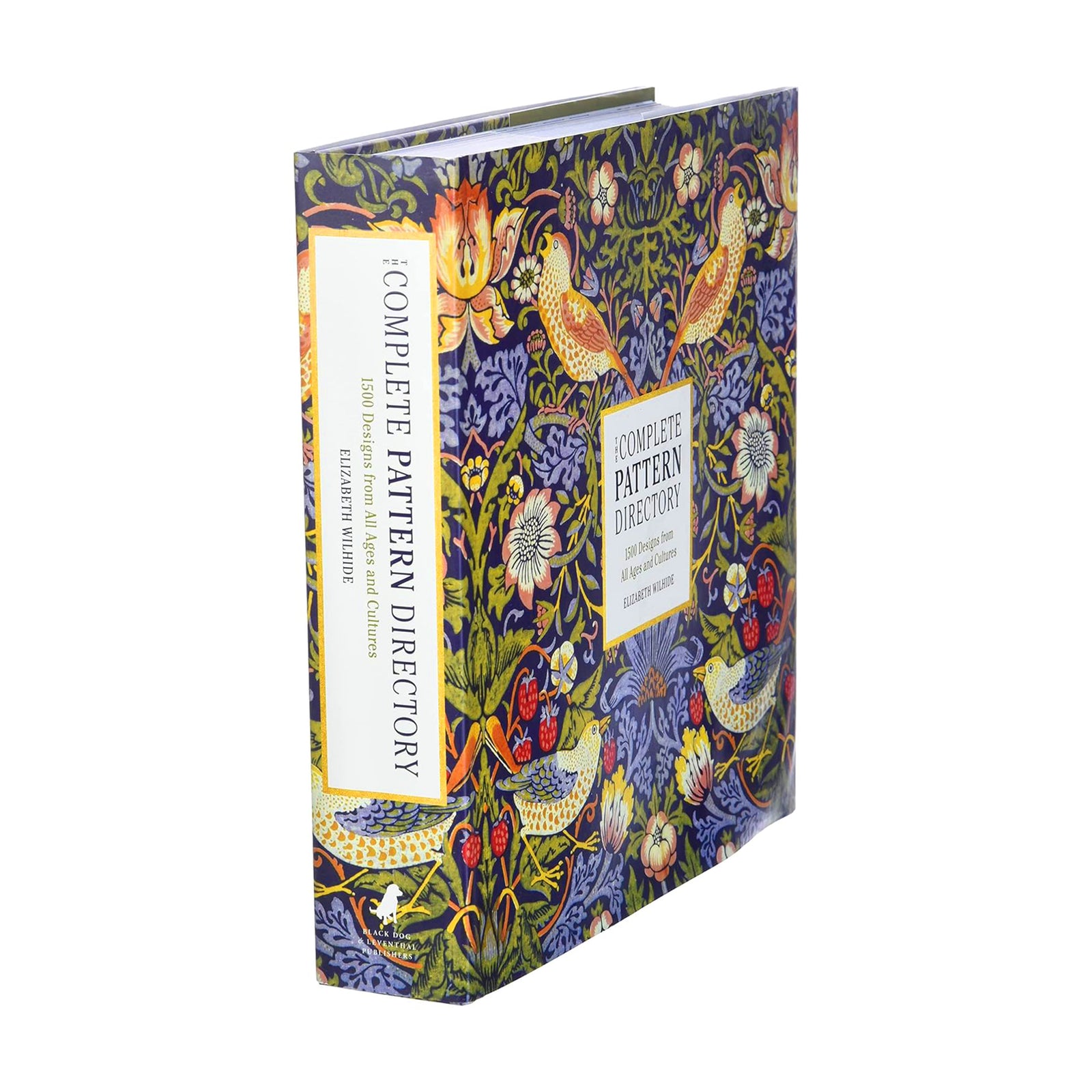 The front cover of the book 'The Complete Pattern Directory' by Elizabeth Wrigley, featuring a dense, colorful William Morris-style floral and bird pattern on a dark navy background with a central cream title box.