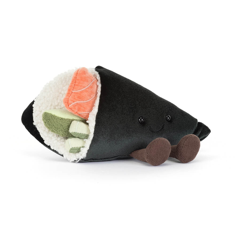 Stuffed toy Jellycat Coneroi Temaki resembling a sushi roll with black exterior, orange and green fillings on a white background