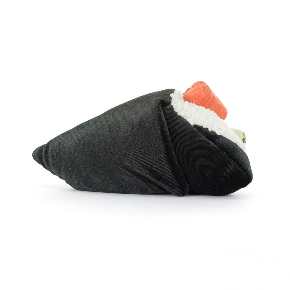Stuffed toy Jellycat Coneroi Temaki resembling a sushi roll with black exterior, orange and green fillings on a white background