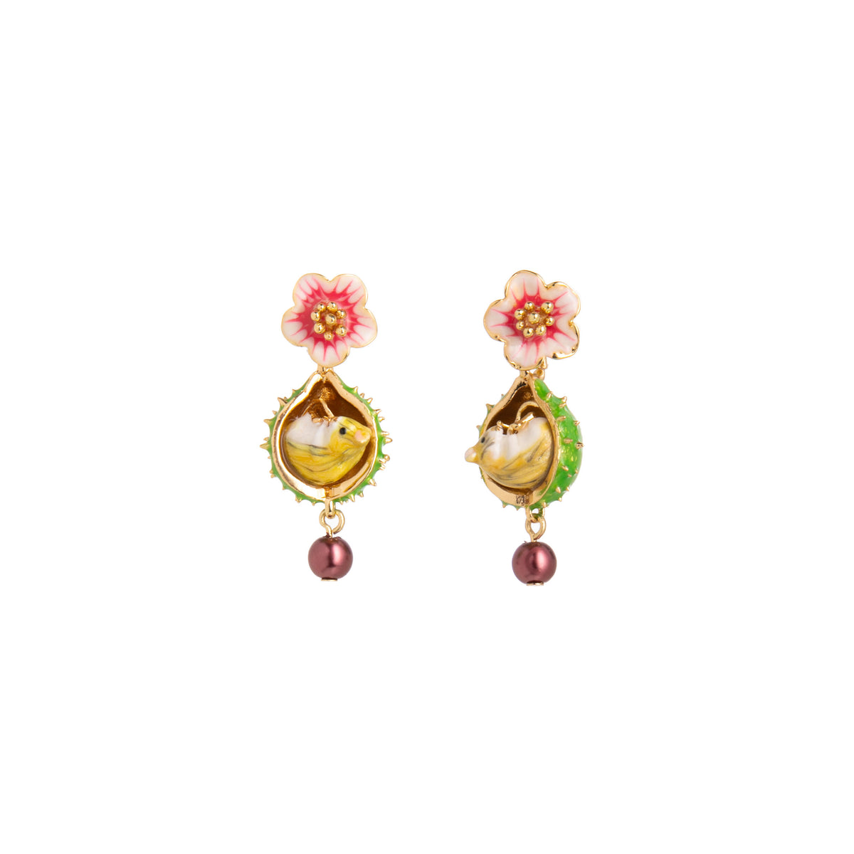 Pair of earrings with floral designs and mouse figures on a white background