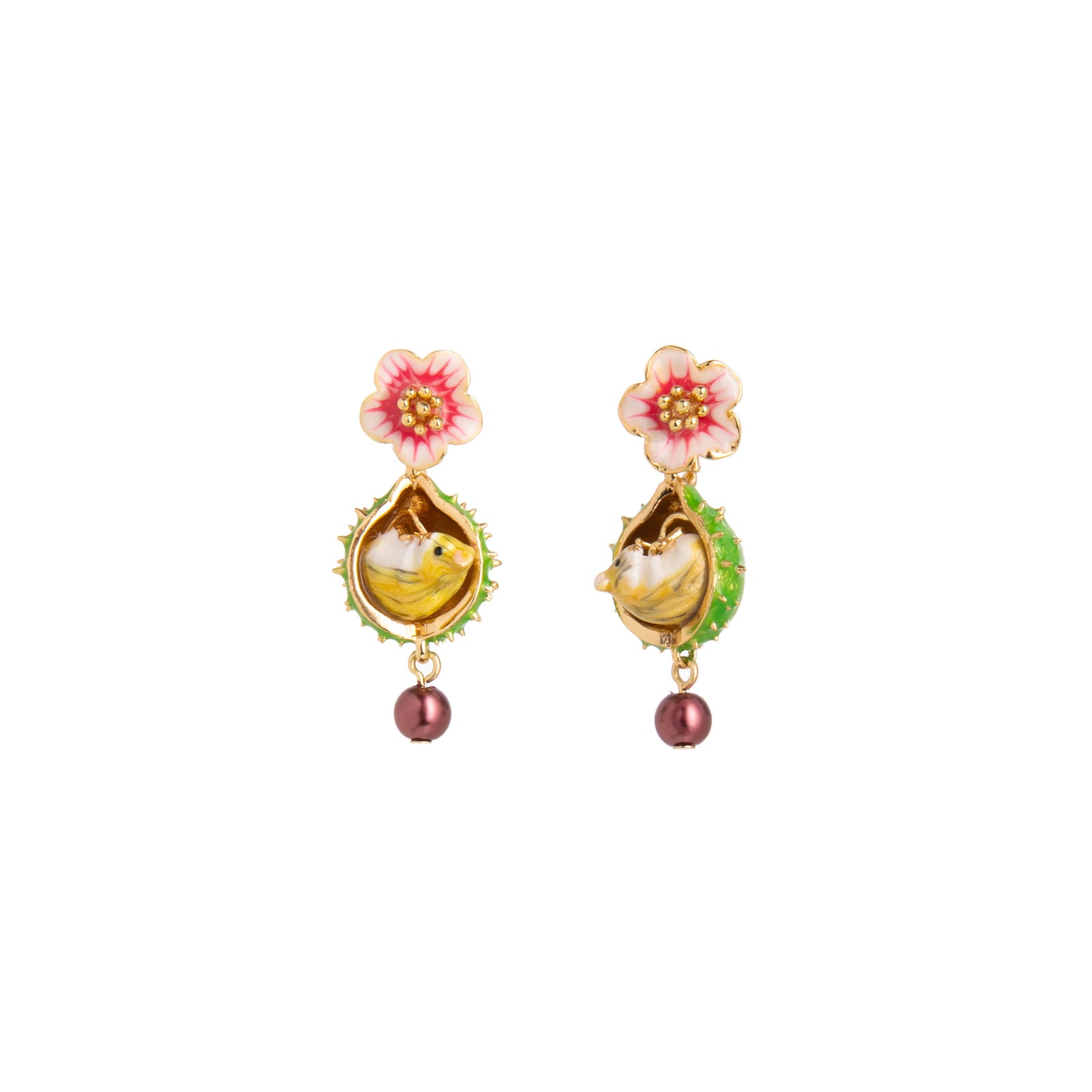 Pair of earrings with floral designs and mouse figures on a white background