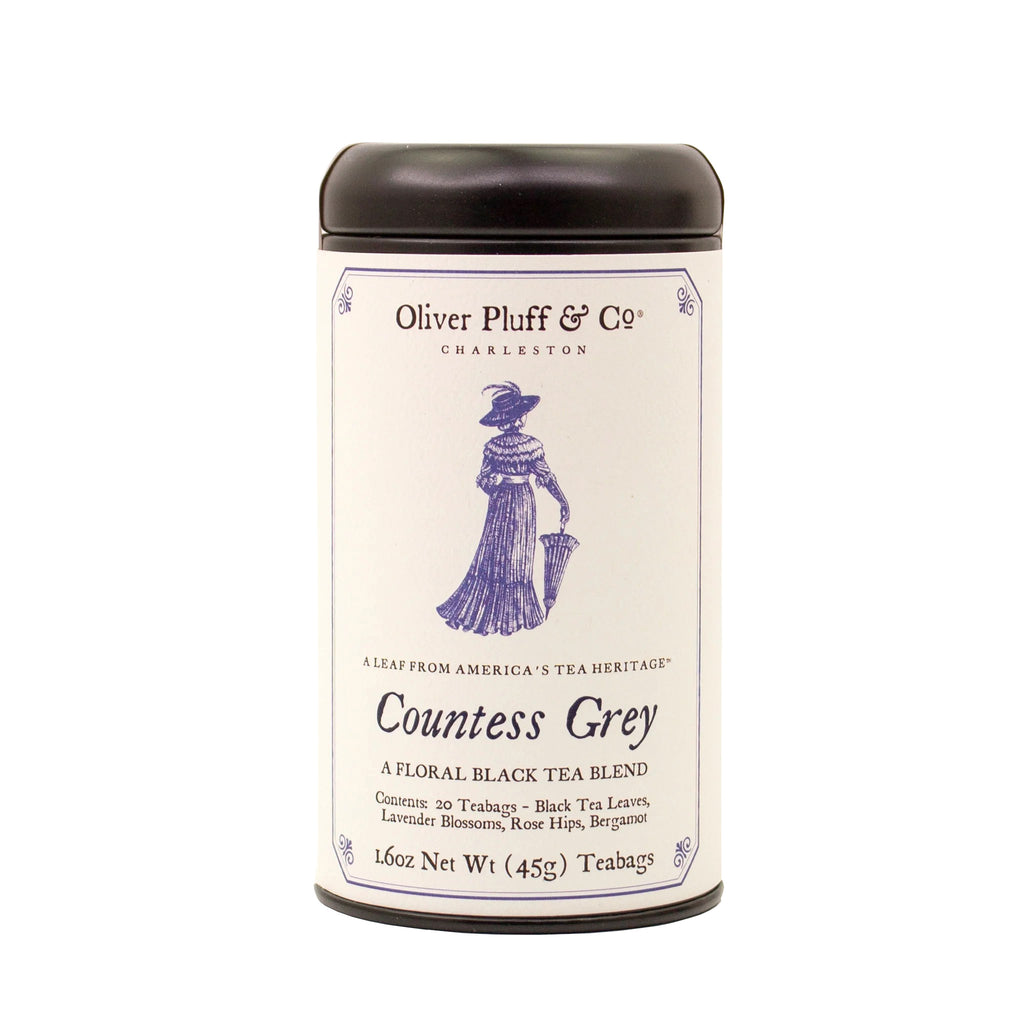 'Countess Grey' is a refreshing new take on Earl Grey tea and honors the many strong women of the 19th century who fought for their own civil rights as well as the rights of others. 20 Teabags sealed in matte black tea tin. Ingredients: Black tea leaves, lavender blossoms, rose hips, bergamot. Net wt. 1.6 oz.