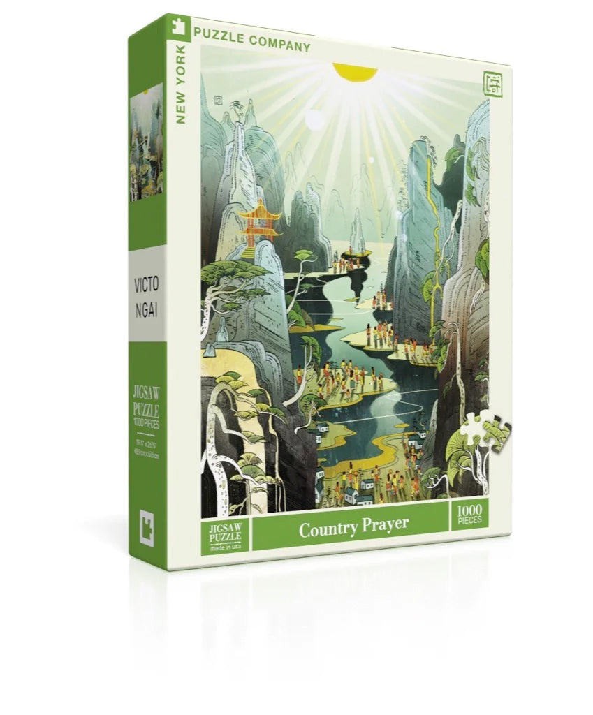 This striking puzzle features vintage style artwork depicting Chinese countryside scene, showing people moving about alongside the picturesque mountains, taking in the serene scene. Original Illustration by Artist Victo Ngai 1000 Piece Jigsaw Puzzle. Linen Style Finish to reduce glare Made in USA .13+.