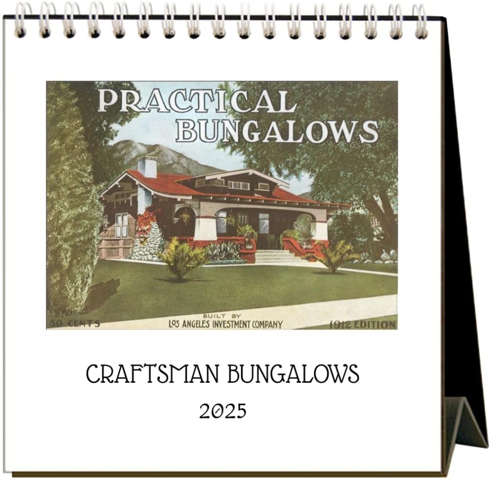 This calendar features vintage postcards of homes and interiors designed in the Craftsman style of the 1910s and 1920s. There is a different image for each month, and the calendar features a built-in easel style stand so that you can keep the calendar close at hand on your desk or worktop. 6” x 7” x 3”. Made in the USA