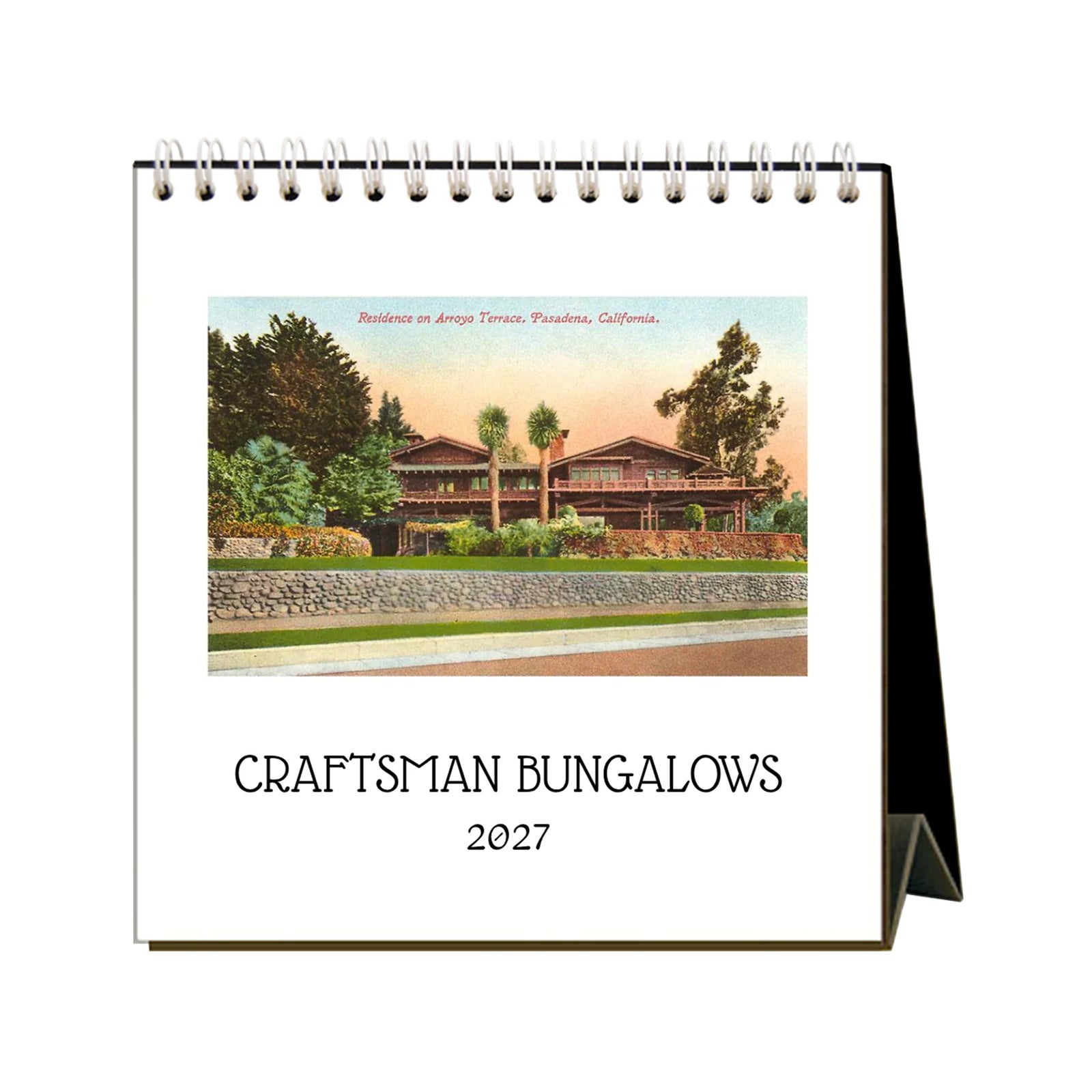 Easel style 2027 desk calendar featuring vintage images of Craftsman style buildings on a white background.
