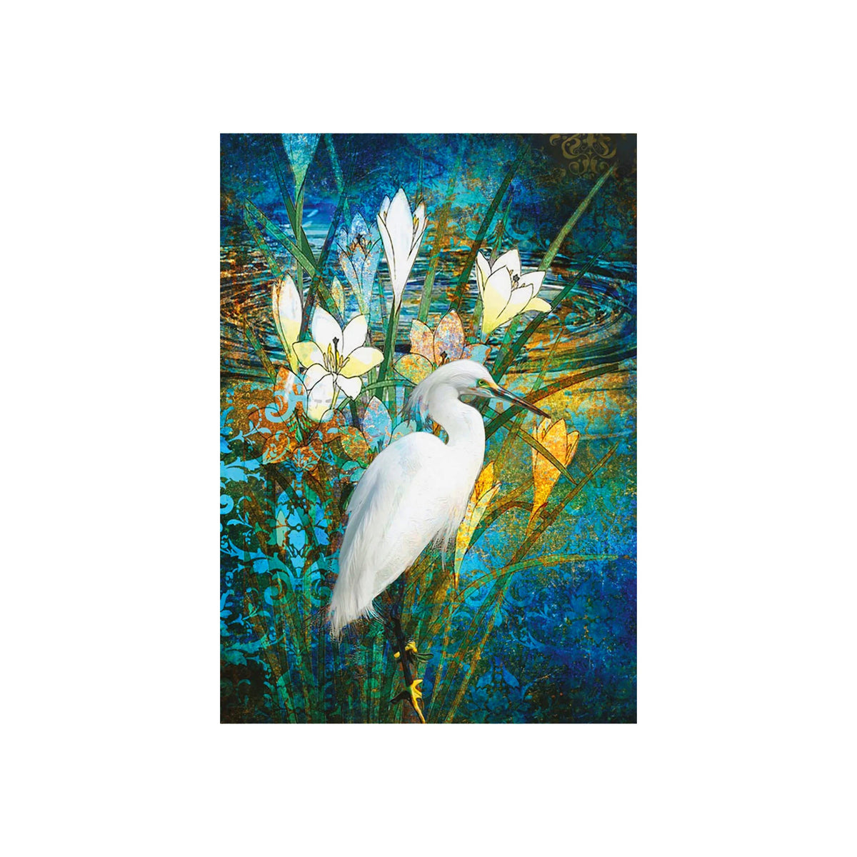A notecard featuring an artistic painting of a white heron standing among white flowers and green reeds against a textured blue and teal background, shown centered on a white canvas.