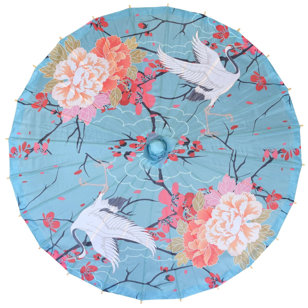 This pretty parasol features a soaring crane and colorful cherry blossoms. Perfect for keeping the sun's rays at bay, and also offers a beautiful and fun way to dress up a special event or prom outfit. Built from silk nylon, this parasol can also be hung upside-down as a decoration piece. Length when closed: 25.5".