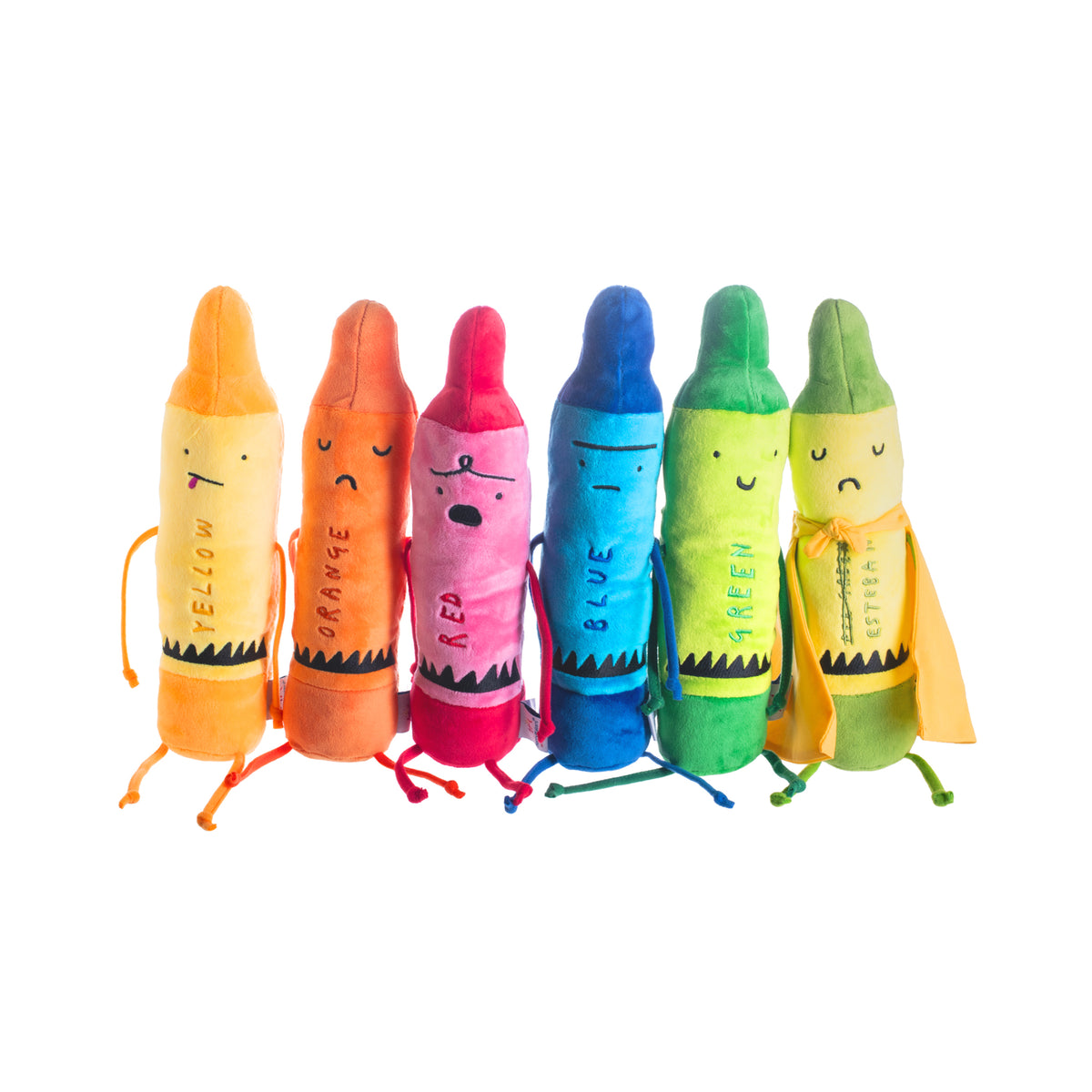 Set of colorful plush crayons with faces on a white background