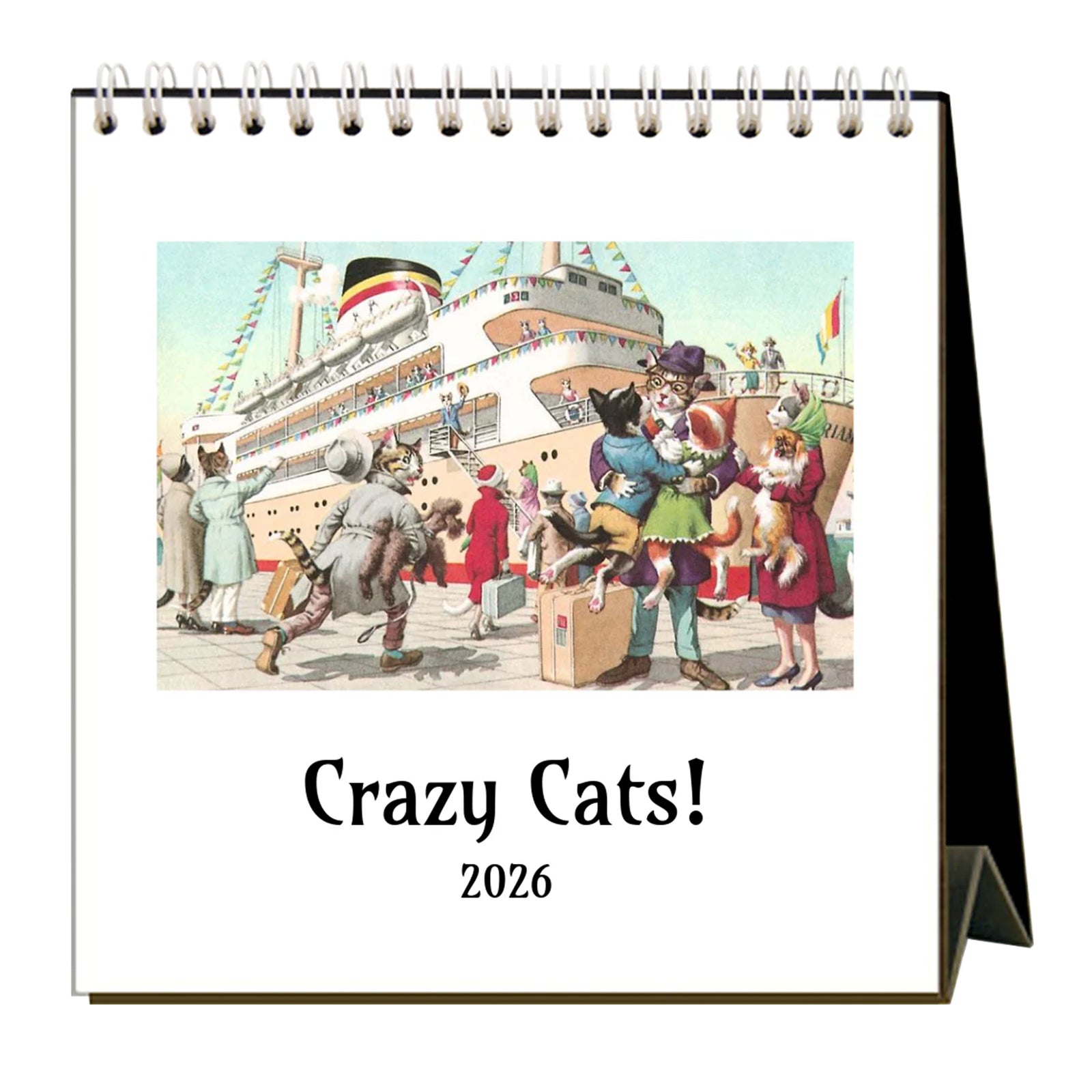 Calendar with illustration of cats around a ship, titled 'Crazy Cats! 2026'.
