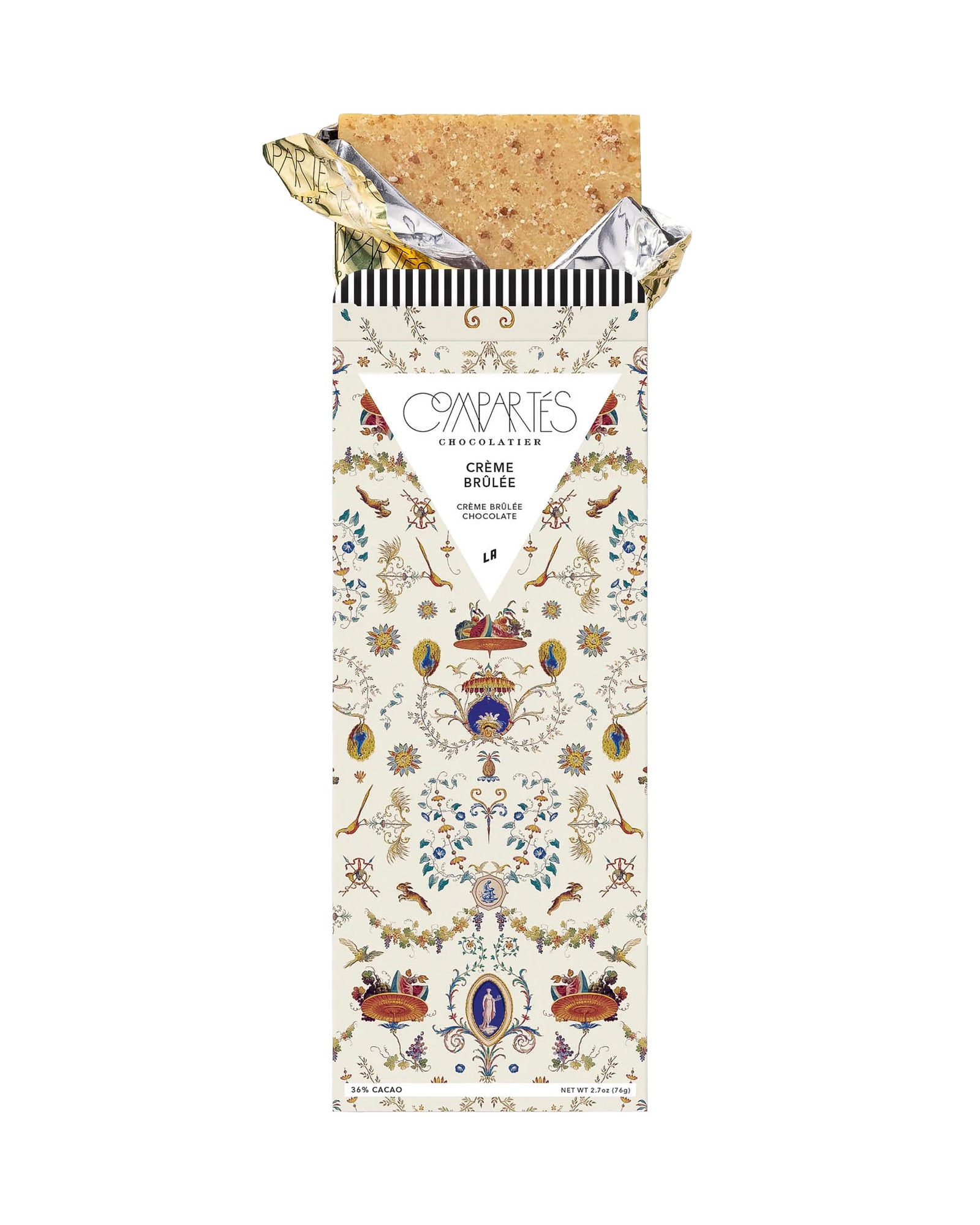 Enjoy a luxurious chocolate Tasting experience with this Creme Brulèe Gourmet Chocolate Bar. Hand Crafted from luxury chocolate and blended with a French dessert-inspired creme brulee flavor, this decadent and delicious buttery chocolate bar is the perfect indulgence. Made in Los Angeles. Net Wt: 2.7oz.