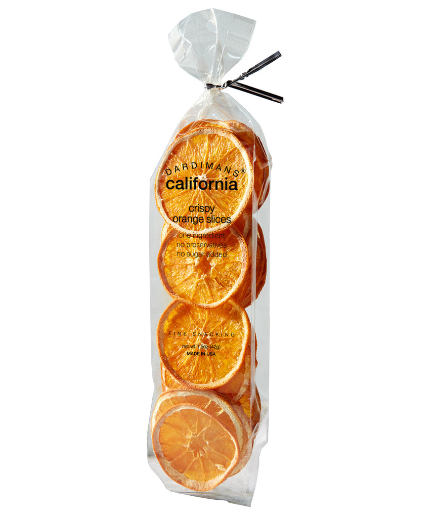 These naturally dehydrated crispy orange slices are the gold-standard of the state. Enjoy on its own as a delightful snack or as a fabulous and fruity addition to salads, cakes, cocktails and more! Ingredients: naturally dehydrated orange slices. 5oz No sugar or preservatives added Gluten free Vegan Made in California.