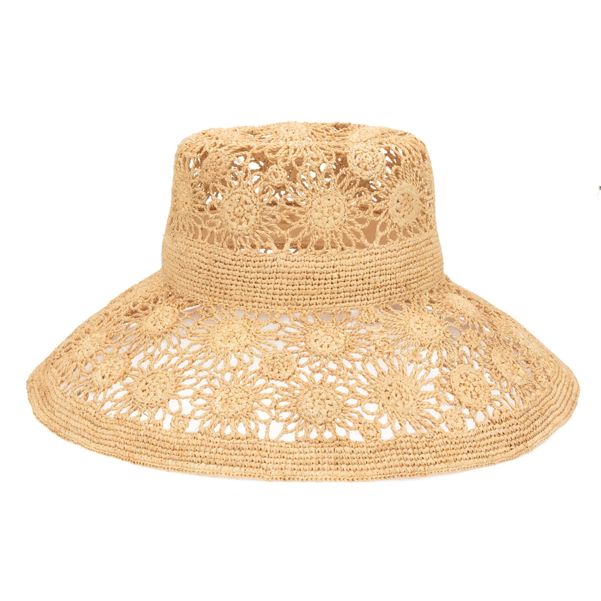 Natural colored raffia straw hat with an open crocheted floral weave on a white background.