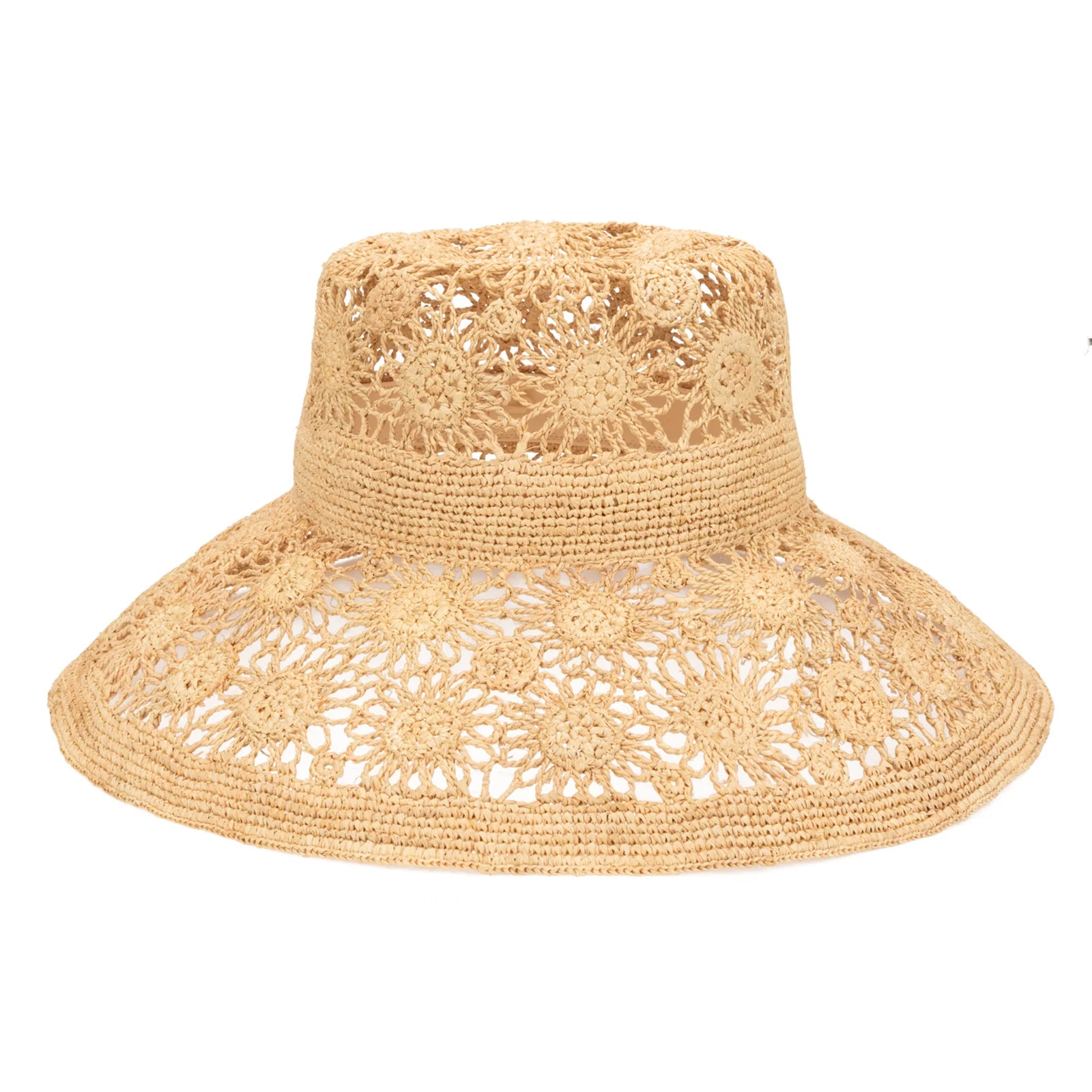 Natural colored raffia straw hat with an open crocheted floral weave on a white background.
