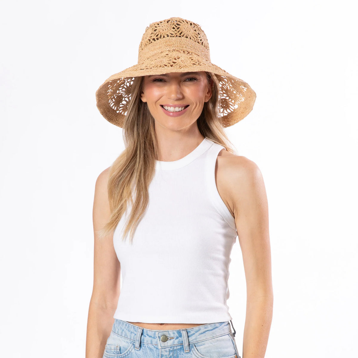 FLORAL CROCHET RAFFIA BUCKET HAT