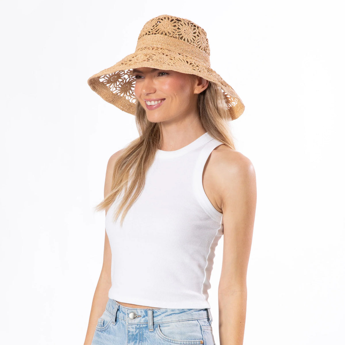 FLORAL CROCHET RAFFIA BUCKET HAT
