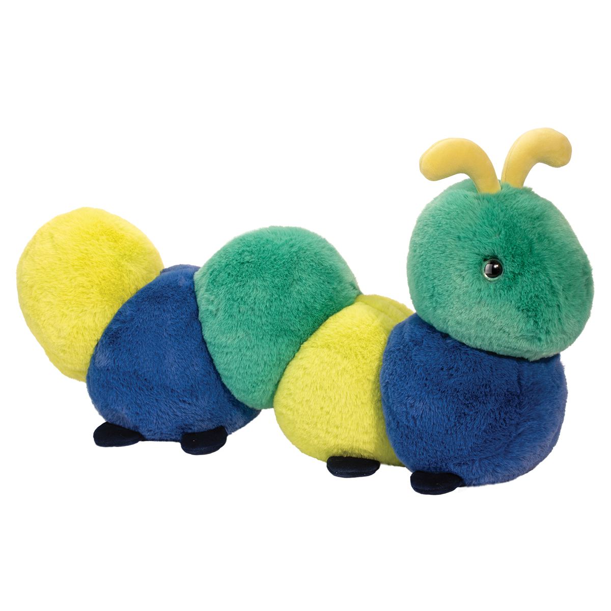 Plush caterpillar toy in tones of blue, green and yellow on a white background.