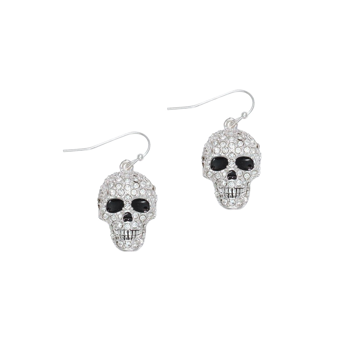 Silver colored skull earrings covered with rhinestone crystals on a white background.