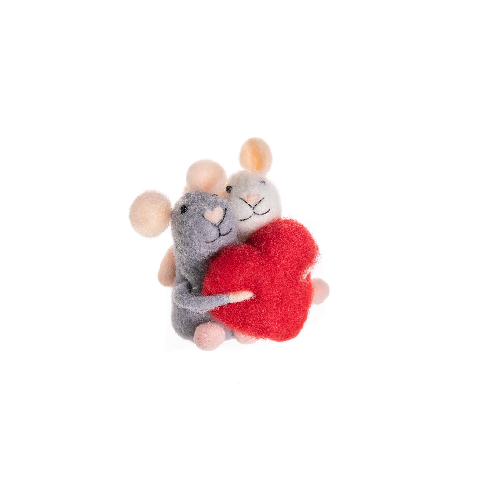 Wool felt mouse ornament holding a red heart on a white background