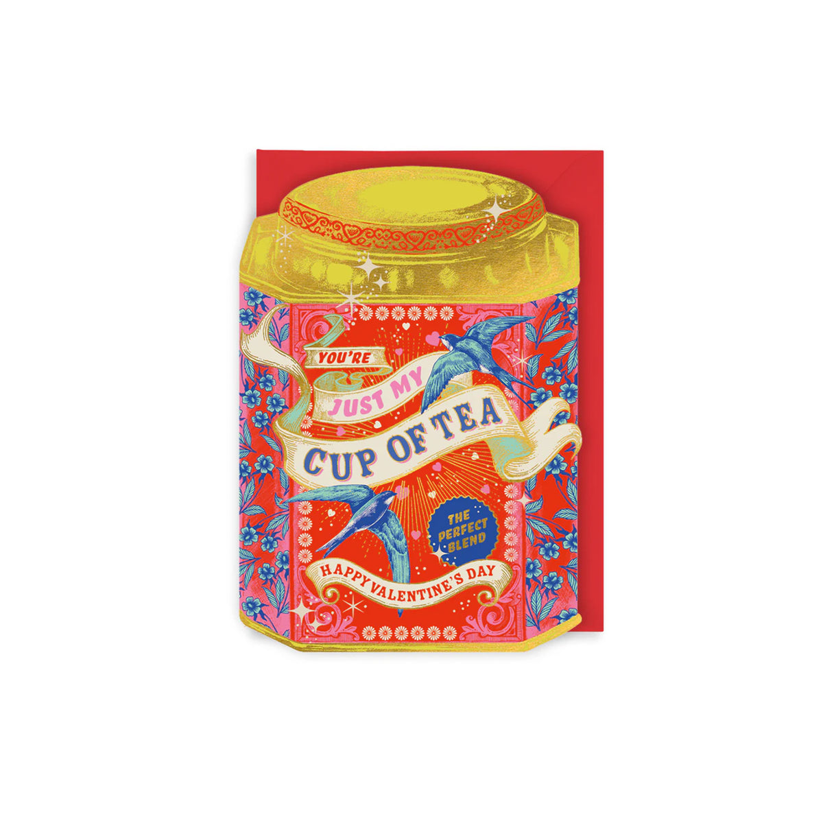 Valentine notecard featuring a red, decorative tea canister with colorful design and text on a white background