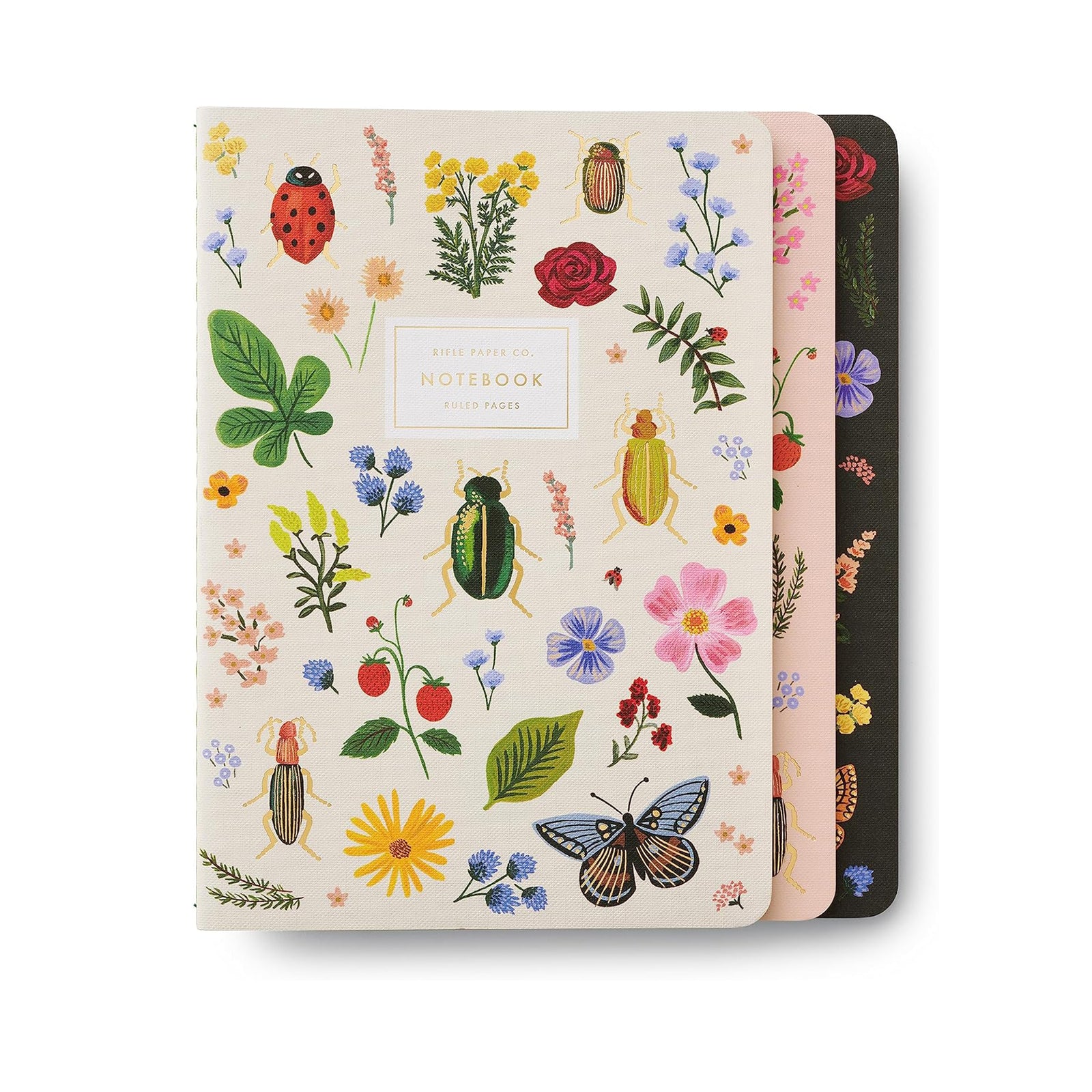 Set of notebooks with floral and insect designs on a white background