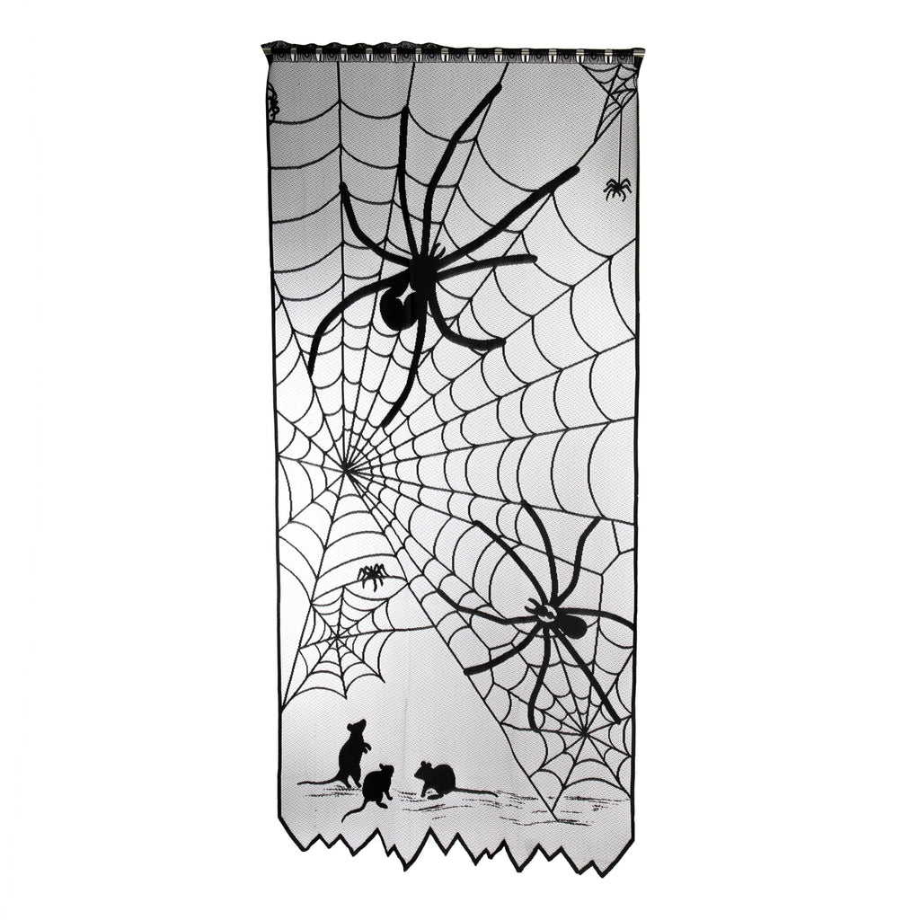 Add some extra drama to your Halloween doorways with this wonderfully wicked spiderweb panel. Works great as both a window curtain and door screen. Dimensions: 38" x 84". Rod slots at the top edge for easy hanging. Can be used indoors or outdoors. Made in USA. 100% Polyester.