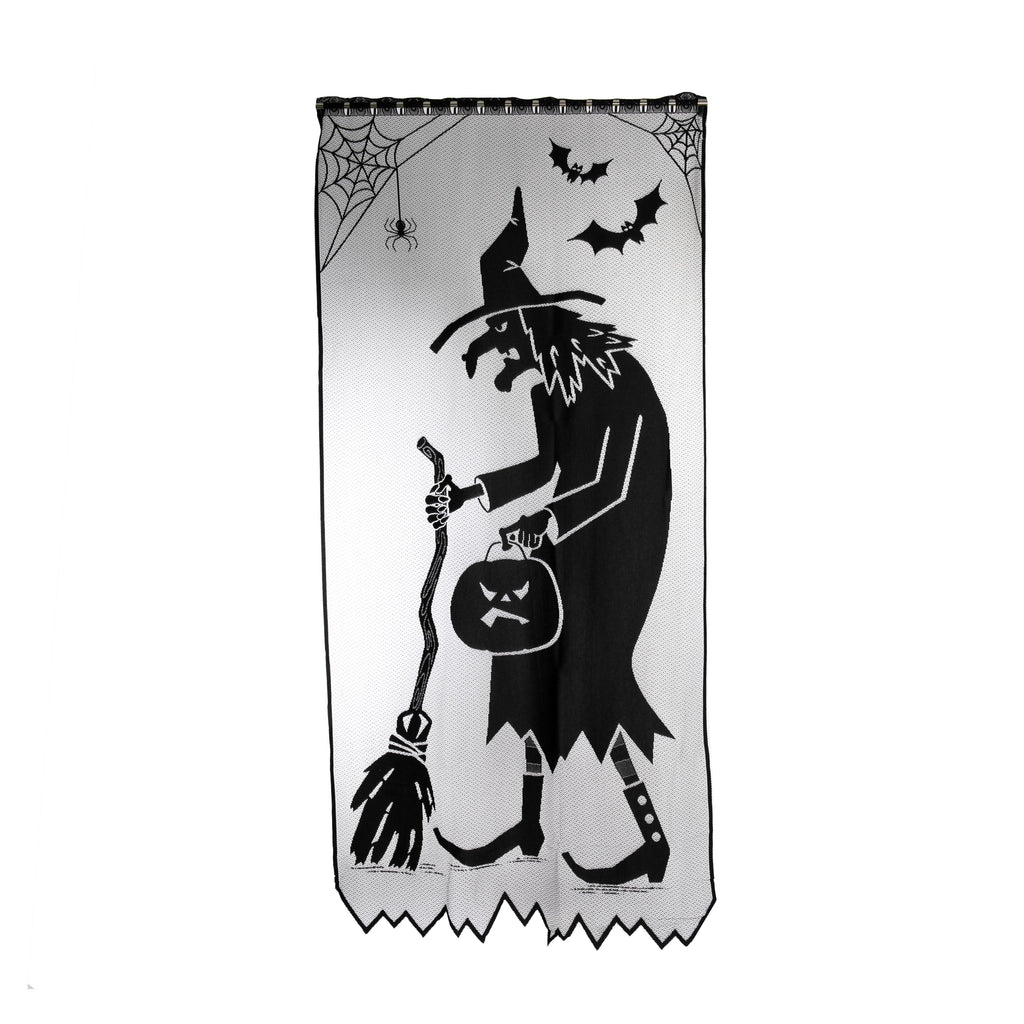 Add a little extra toil and trouble - in the best possible way with this wickedly wonderful witch lace panel.  Works great as both a window curtain and door screen. Dimensions: 38" x 84". Rod slots at the top edge for easy hanging. Can be used indoors or outdoors. Made in USA. 100% Polyester.