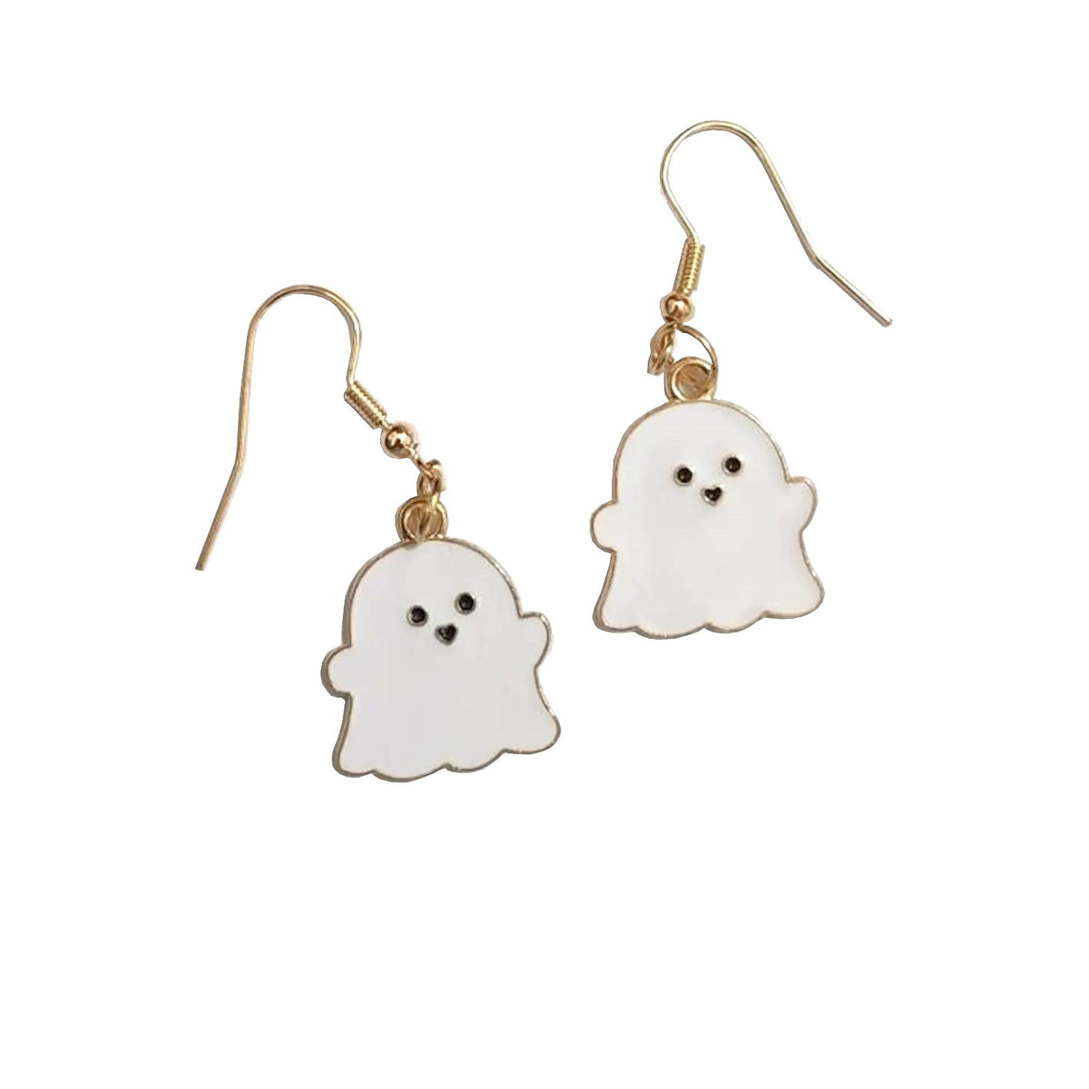 Ghost-shaped earrings with gold hooks on a white background