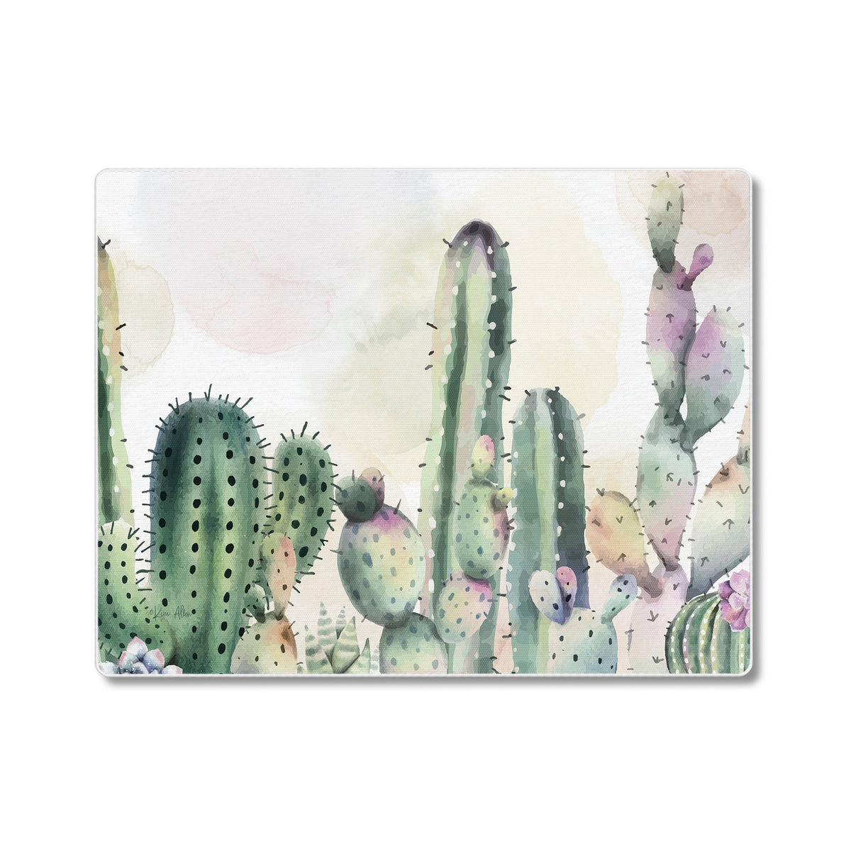 A tempered glass cutting board with a watercolor-effect design featuring various cacti, such as saguaro and prickly pears, against a light background.