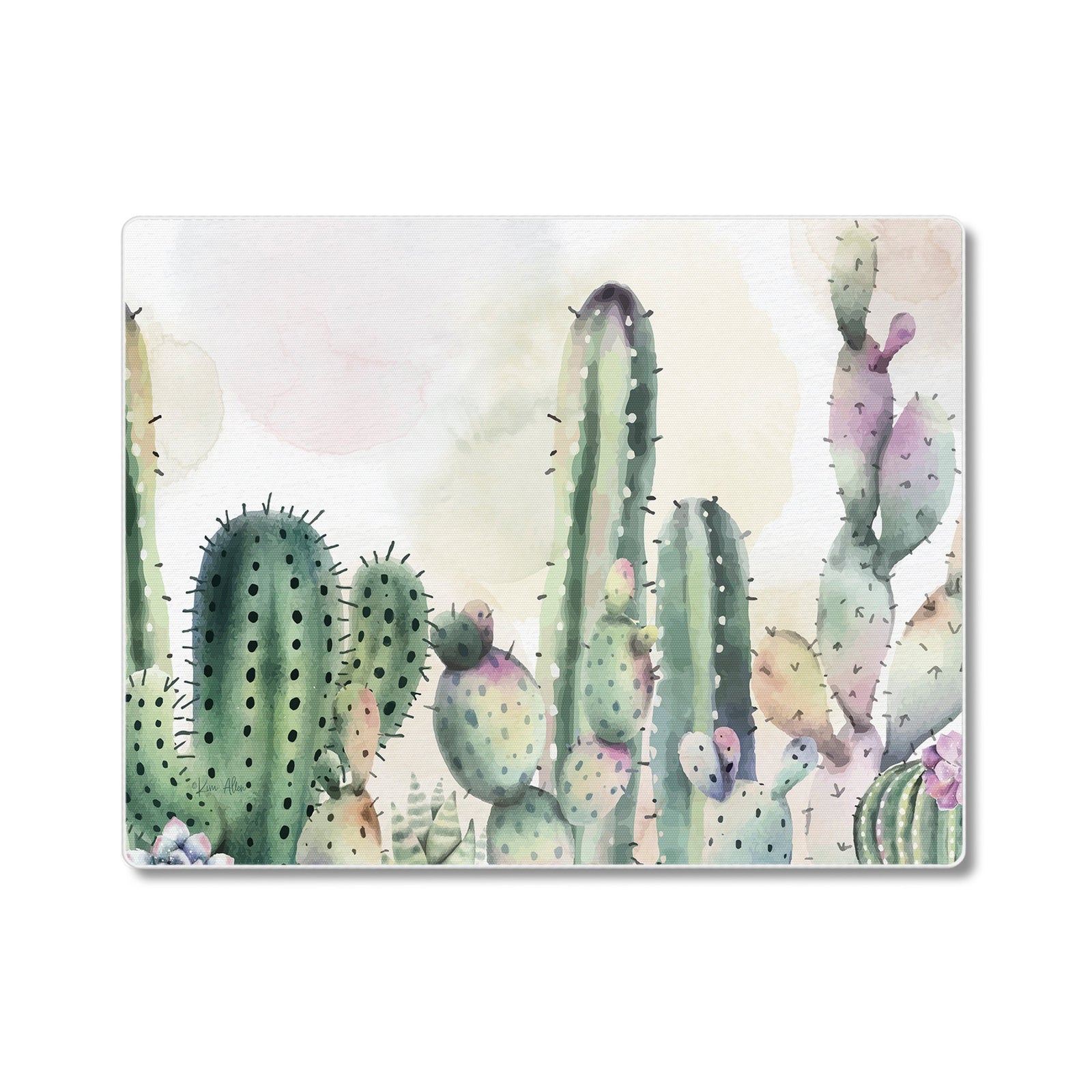A tempered glass cutting board with a watercolor-effect design featuring various cacti, such as saguaro and prickly pears, against a light background.