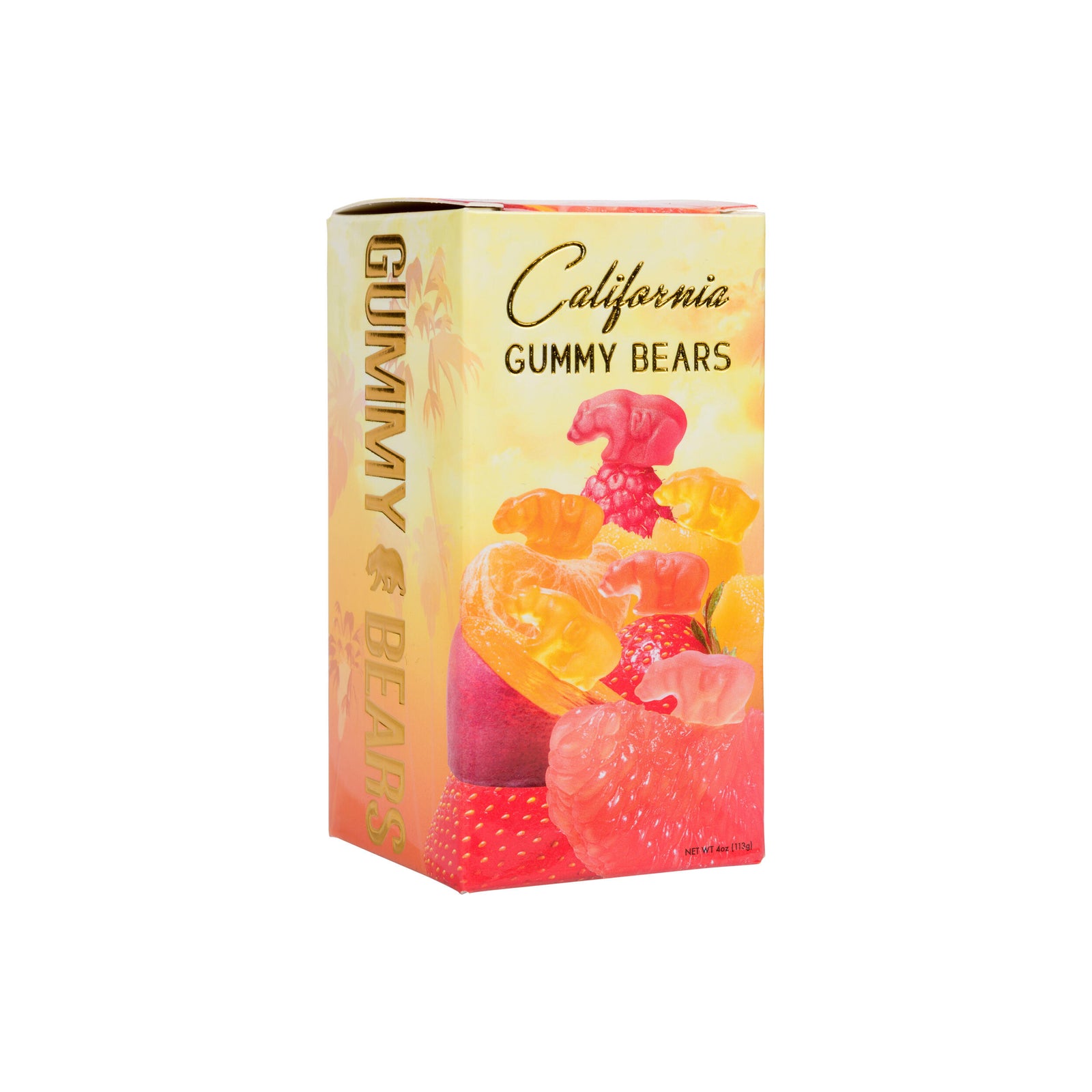 Box of California Gummy Bears with colorful gummy bears on a white background