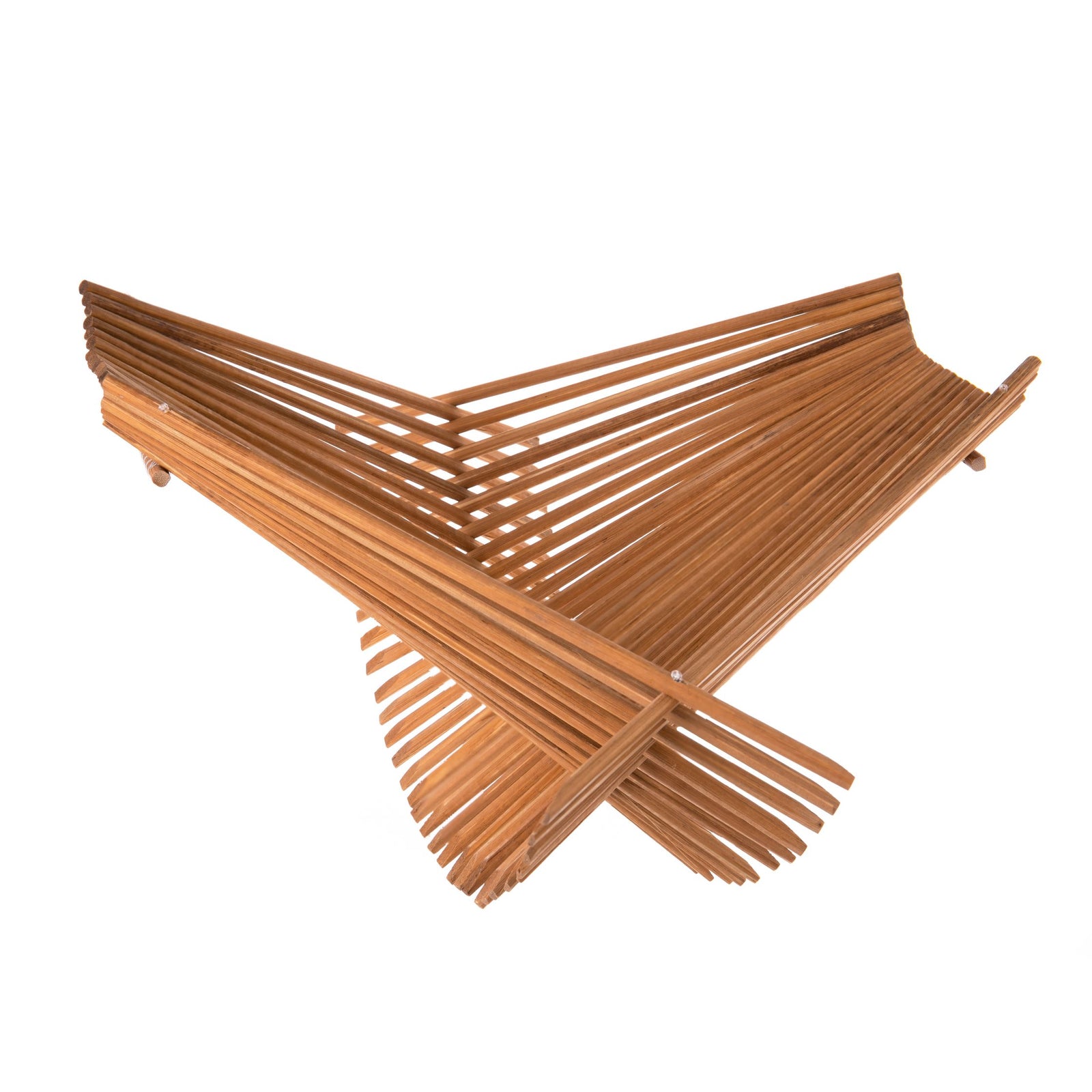 This attractive basket is made using single-use bamboo chopsticks, collected from restaurants and then sanitized at an extremely high temperature. The chopsticks are sorted, colored, and then assembled into baskets. When not in use, the basket folds flat for easy storage. Open size: length: 14" width: 12" height: 4".