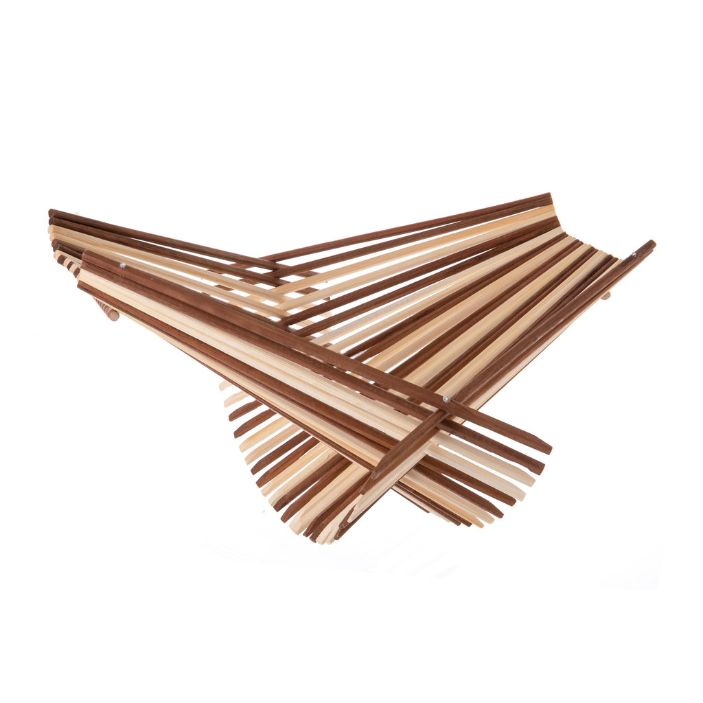 This attractive basket is made using single-use bamboo chopsticks, collected from restaurants and then sanitized at an extremely high temperature. The chopsticks are sorted, colored, and then assembled into baskets. When not in use, the basket folds flat for easy storage. Open size: length: 14" width: 12" height: 4".