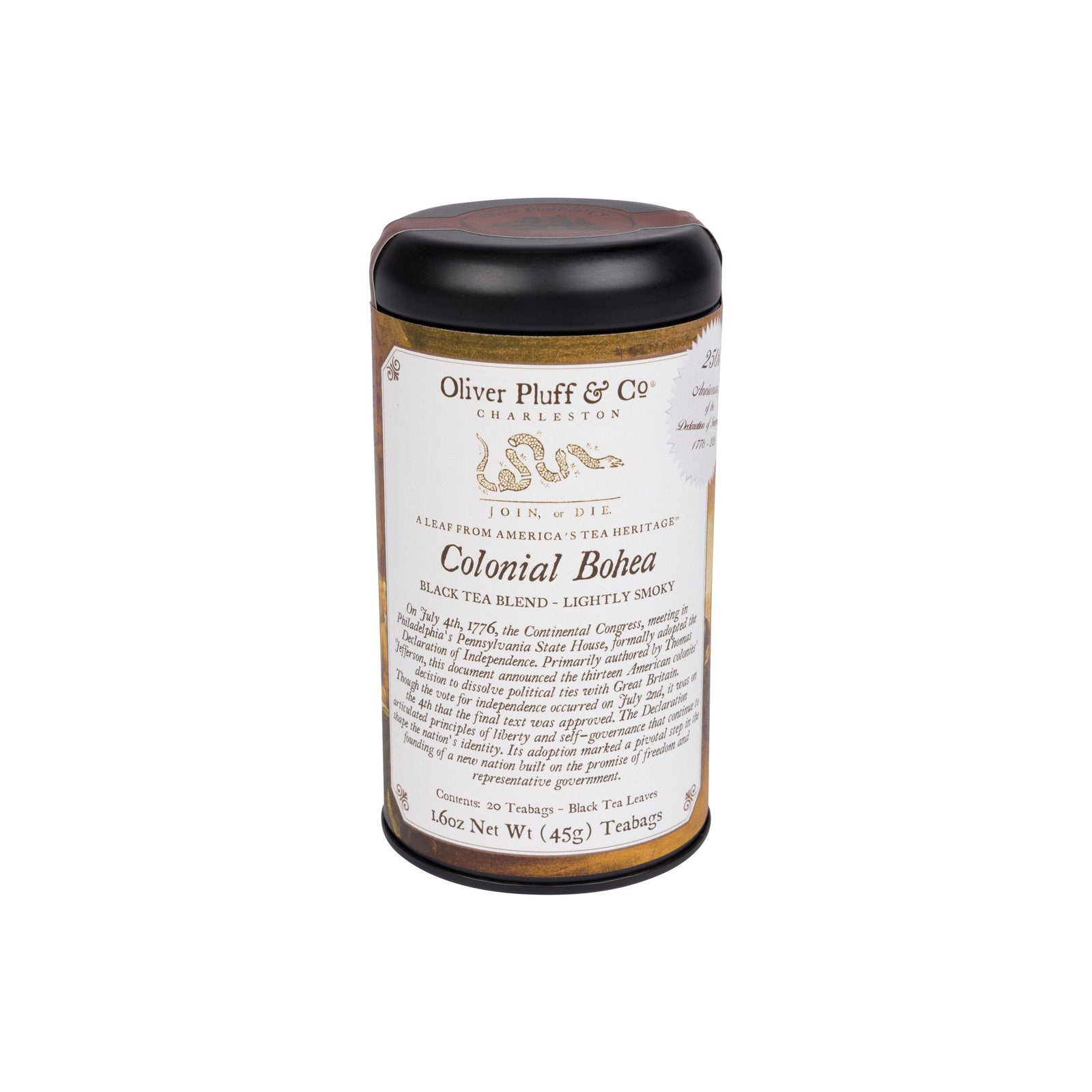 Tea canister with historical scene design on a white background