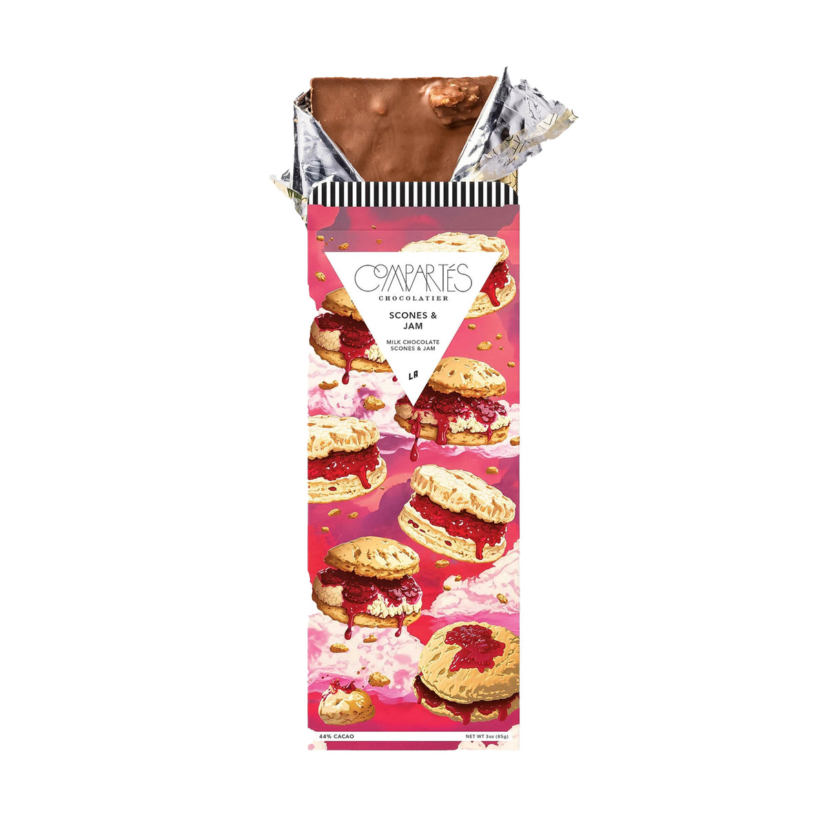 Chocolate bar packaging with jam-filled scones design on a white background
