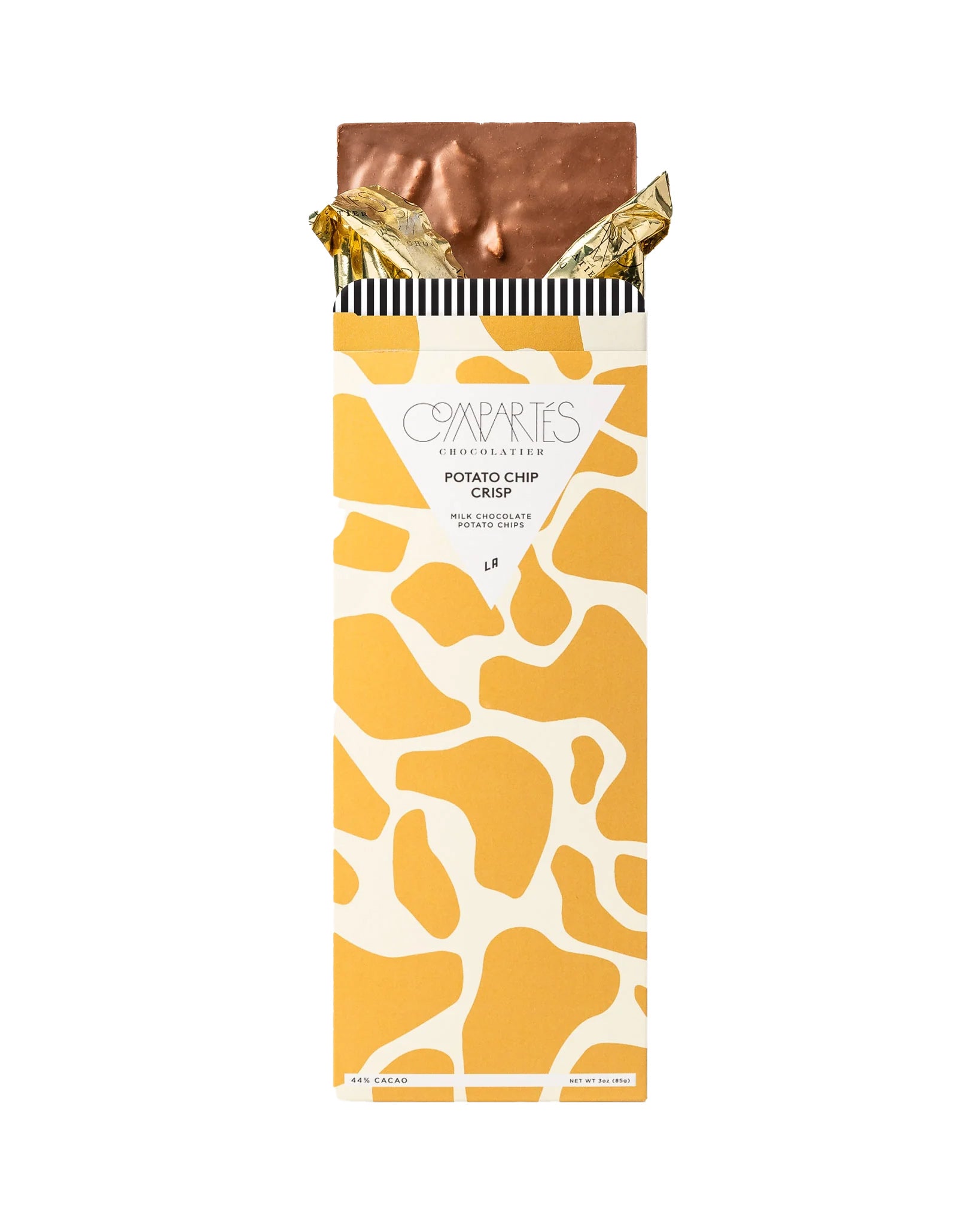Love chips and chocolate? Then your dream has now come true! Potato Chip Crisp gourmet milk chocolate bar is the perfect blend of salty and sweet. Creamy, gourmet milk chocolate is expertly blended with salted and crispy potato chips, so the bar is completely crunchy and texturized. Handmade in Los Angeles. Net wt. 3oz