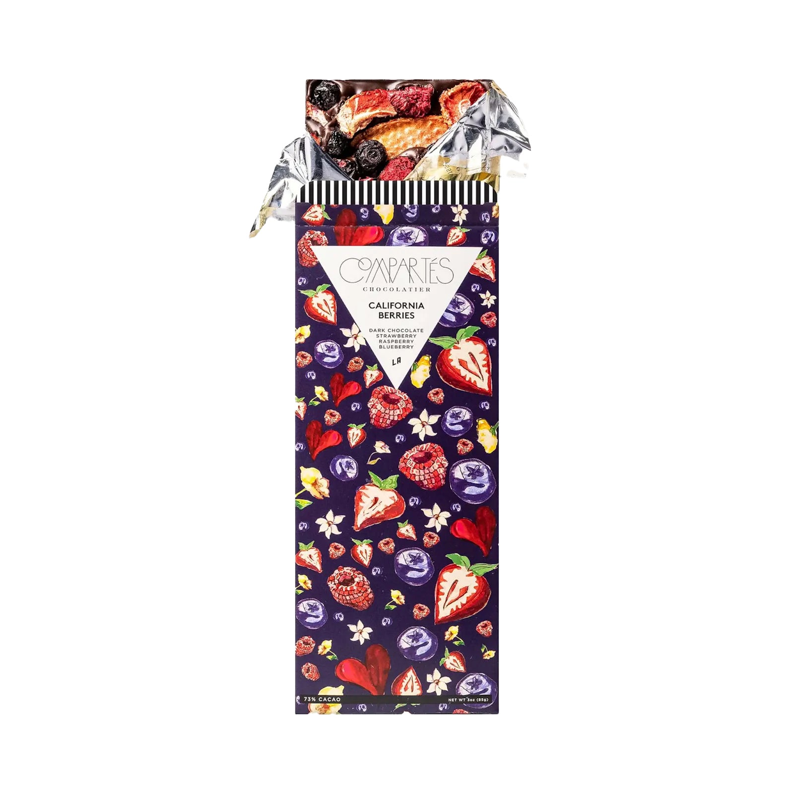 Fruit-themed California Berries Compartes chocolate bar with colorful berry illustrations on a white background