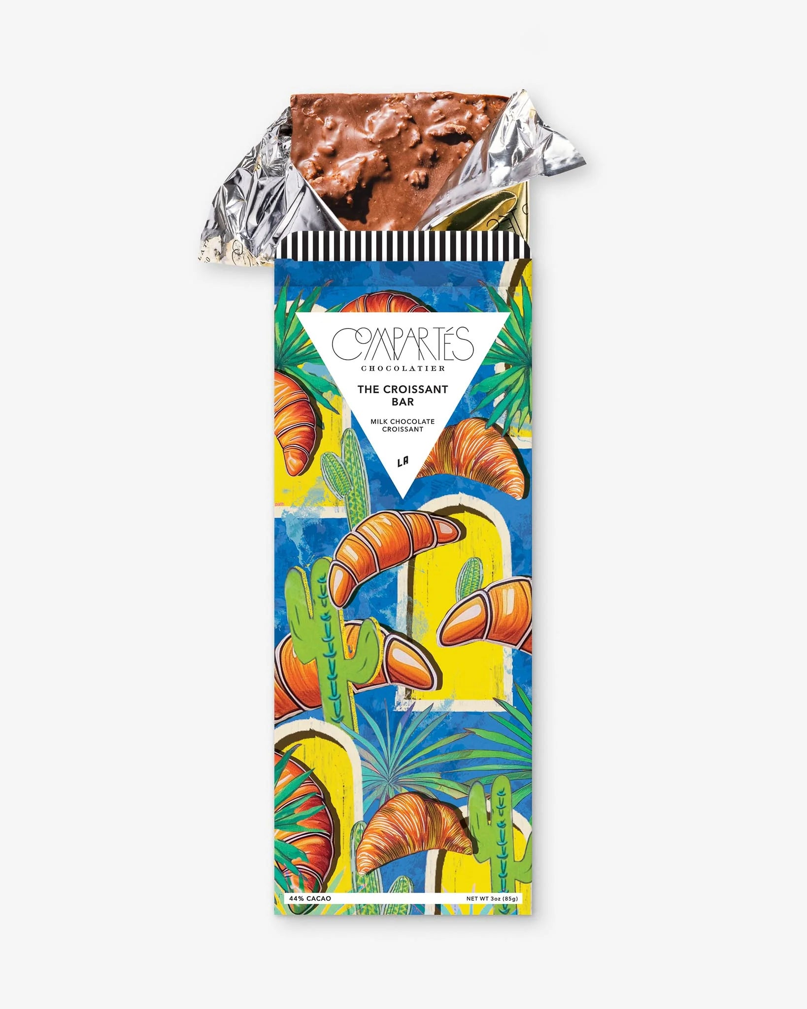Colorful chocolate bar packaging with croissants and a brand logo on a white background