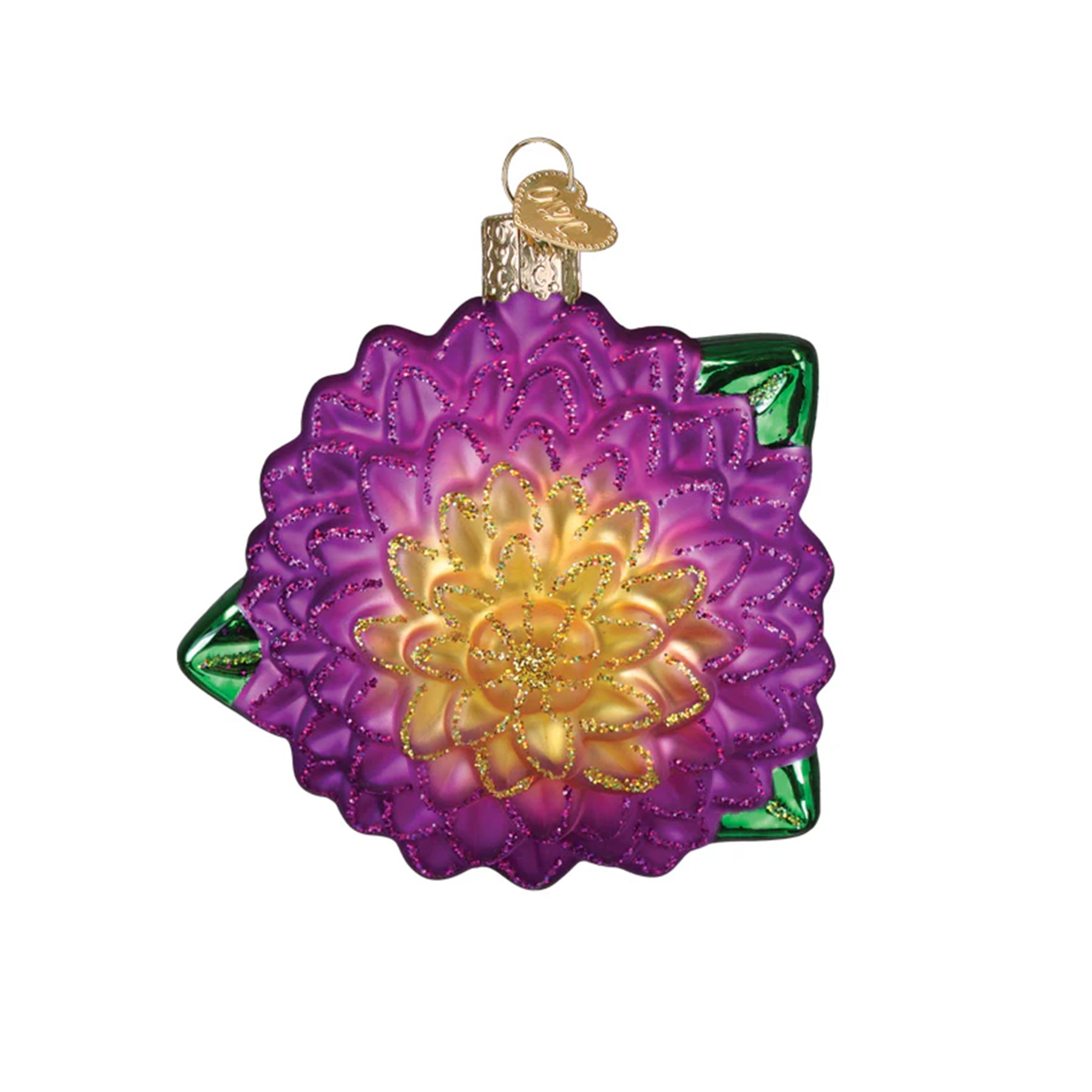 Purple and gold Dhalia flower ornament with green leaves on a white background.