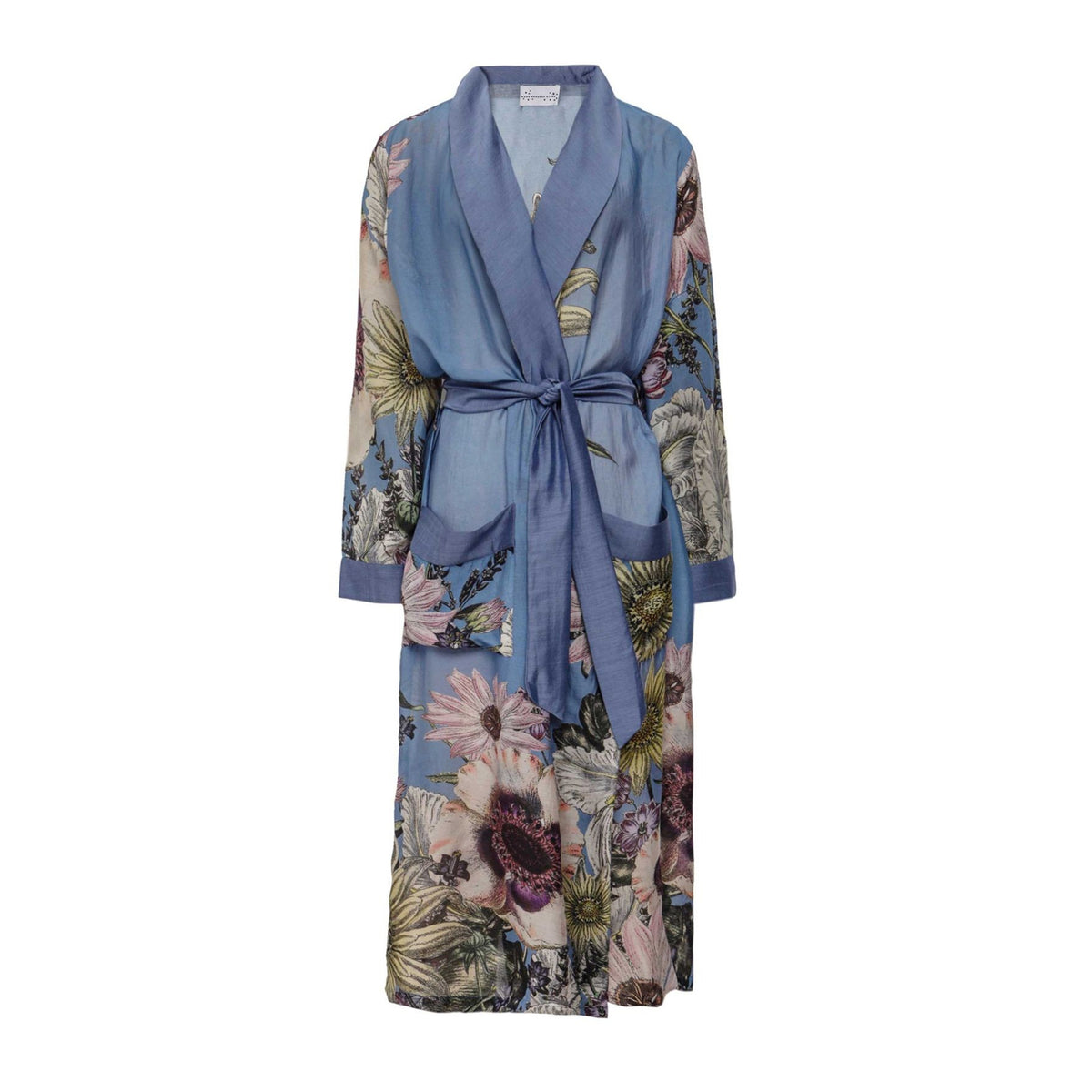 Floral robe with a blue belt on a white background