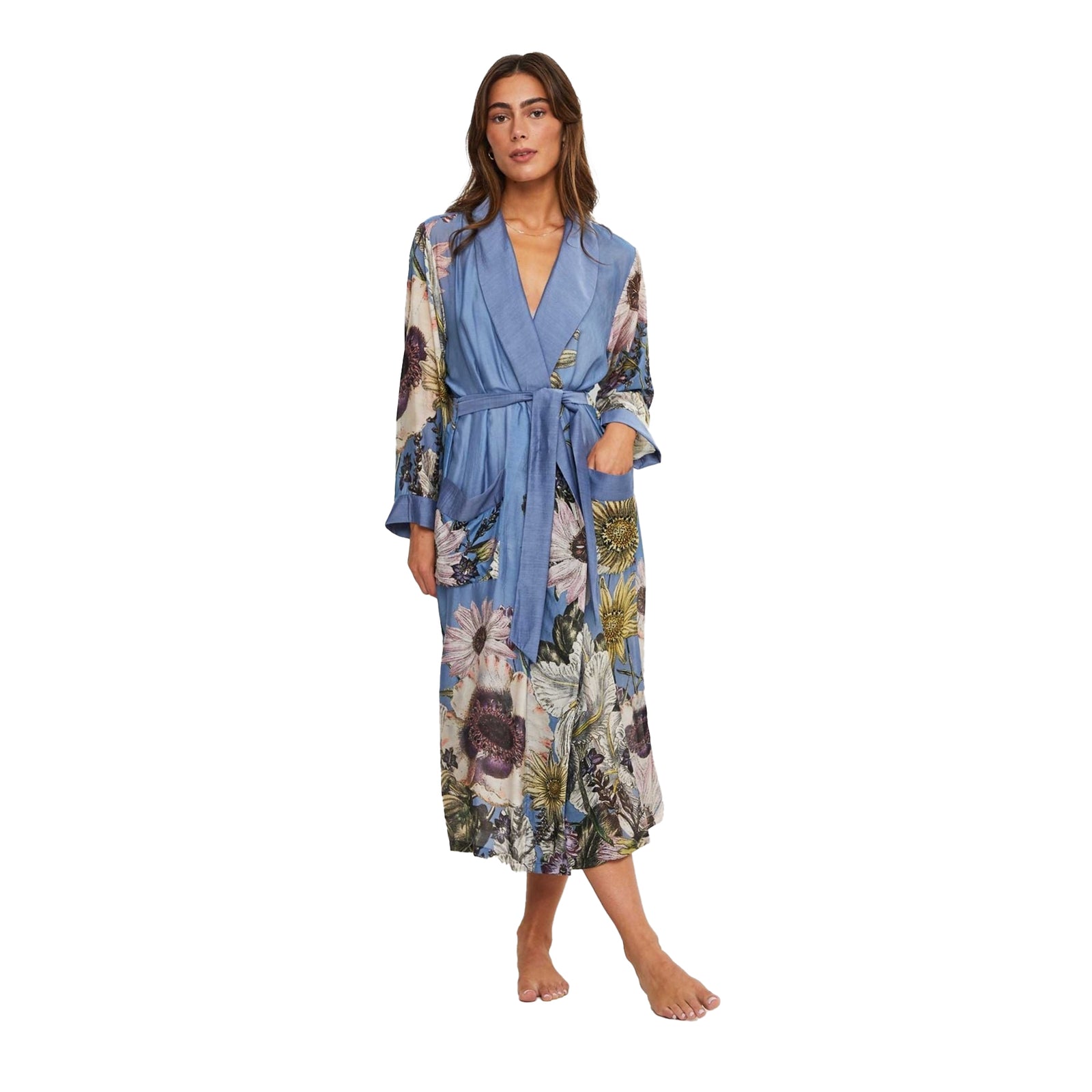 Floral robe with a blue belt on a white background